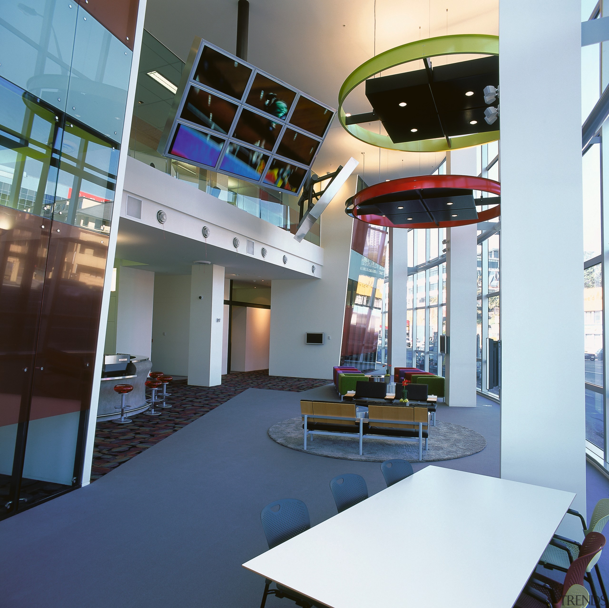 view of the reception area showing oversized plasma architecture, daylighting, institution, interior design, real estate, white