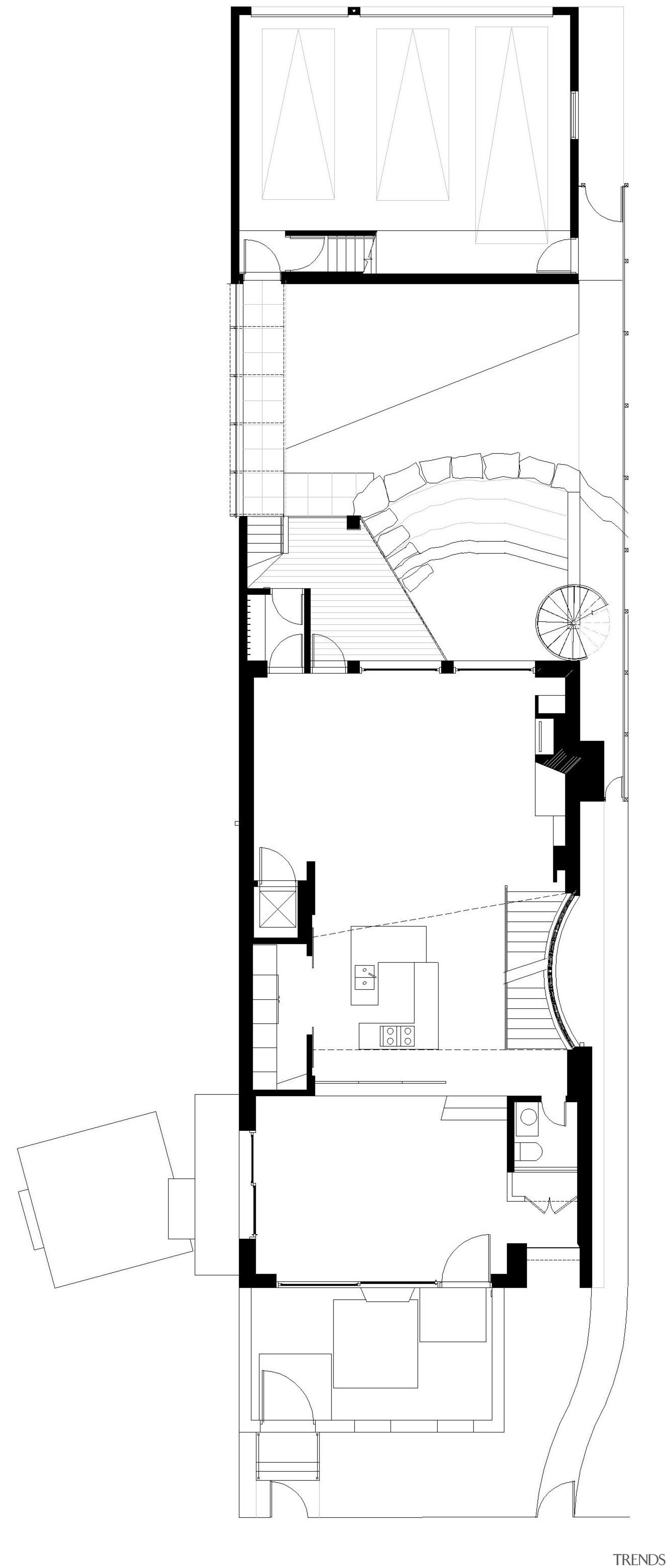 View of a renovated three-story home, built to angle, architecture, area, black and white, design, diagram, drawing, elevation, floor plan, font, line, plan, product, product design, schematic, structure, white