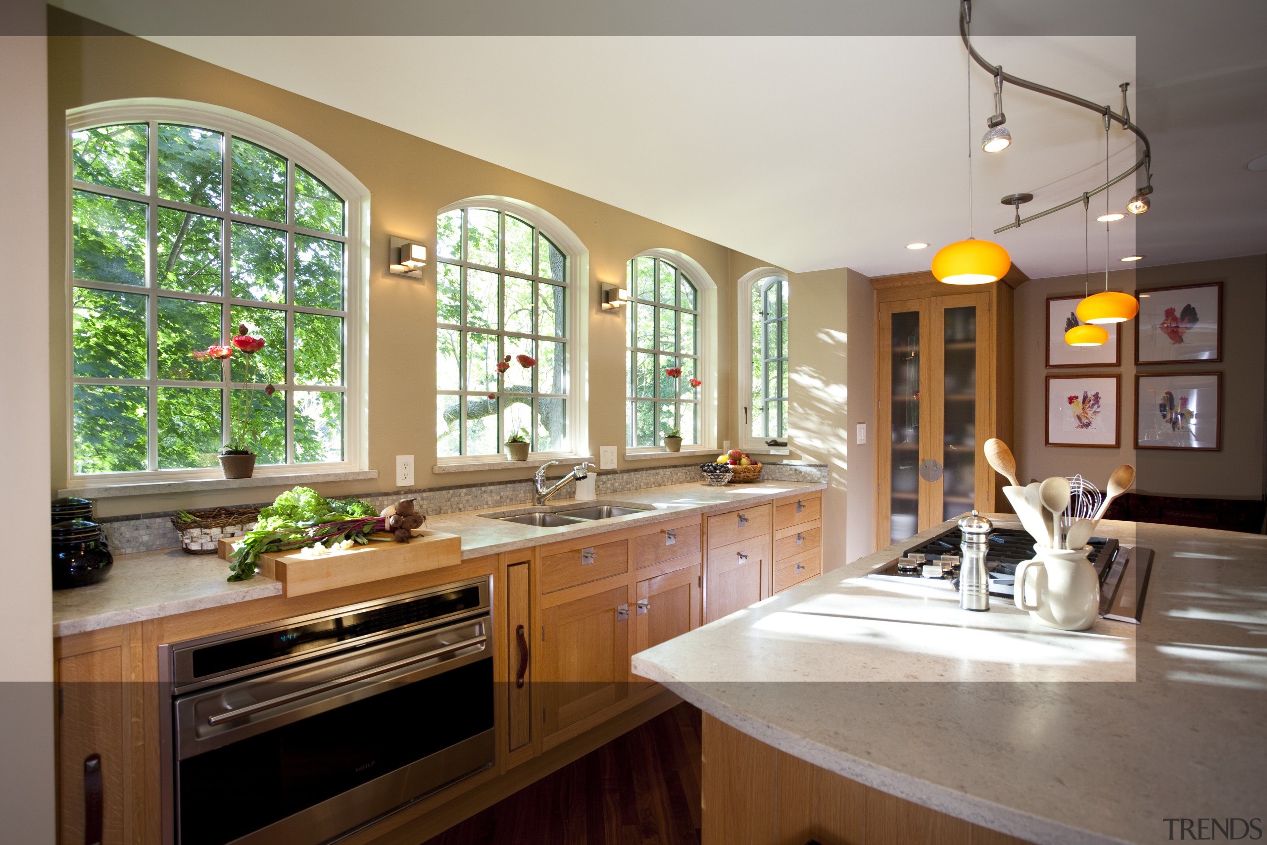 The end windows in this new kitchen are cabinetry, countertop, home, interior design, kitchen, room, window, gray