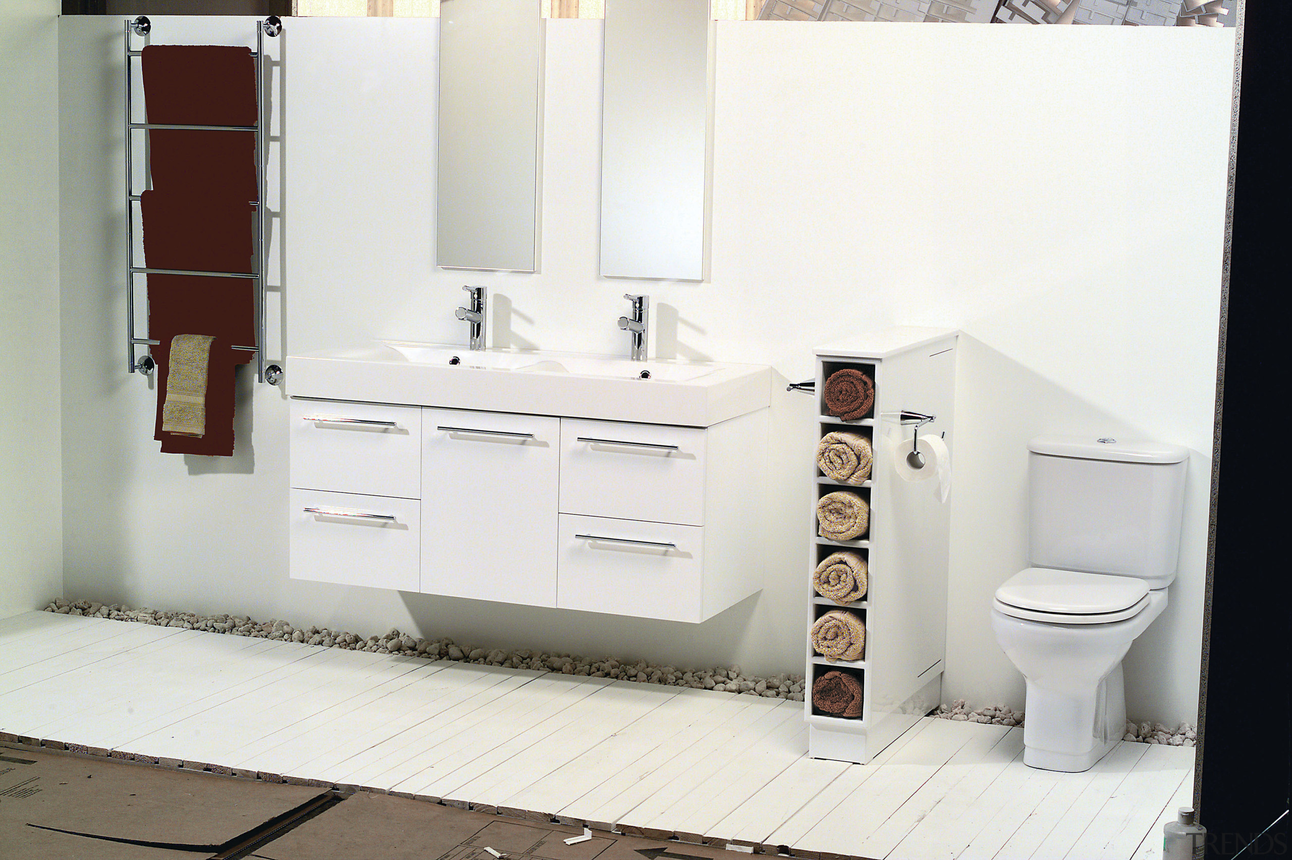 Overall view of this bright, white bathroom - bathroom, bathroom accessory, bathroom cabinet, floor, interior design, plumbing fixture, product, product design, room, sink, tap, toilet, white