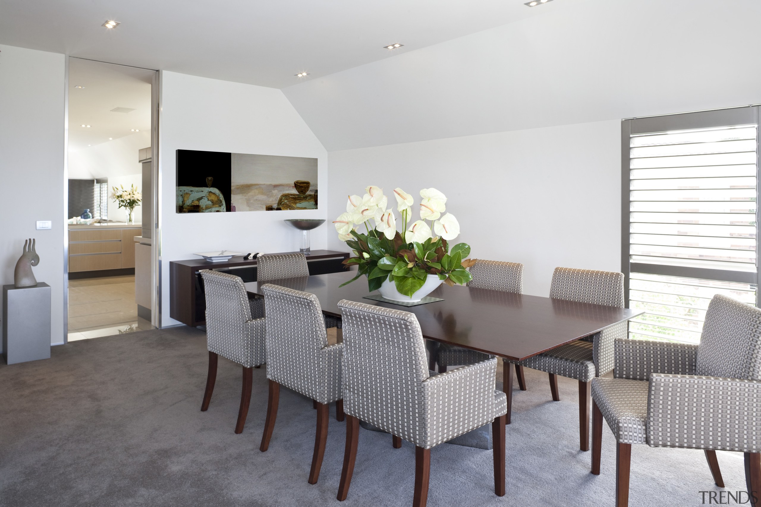 View of home refurbished by interior designer Suzanne chair, dining room, furniture, home, interior design, living room, property, real estate, room, table, white, gray