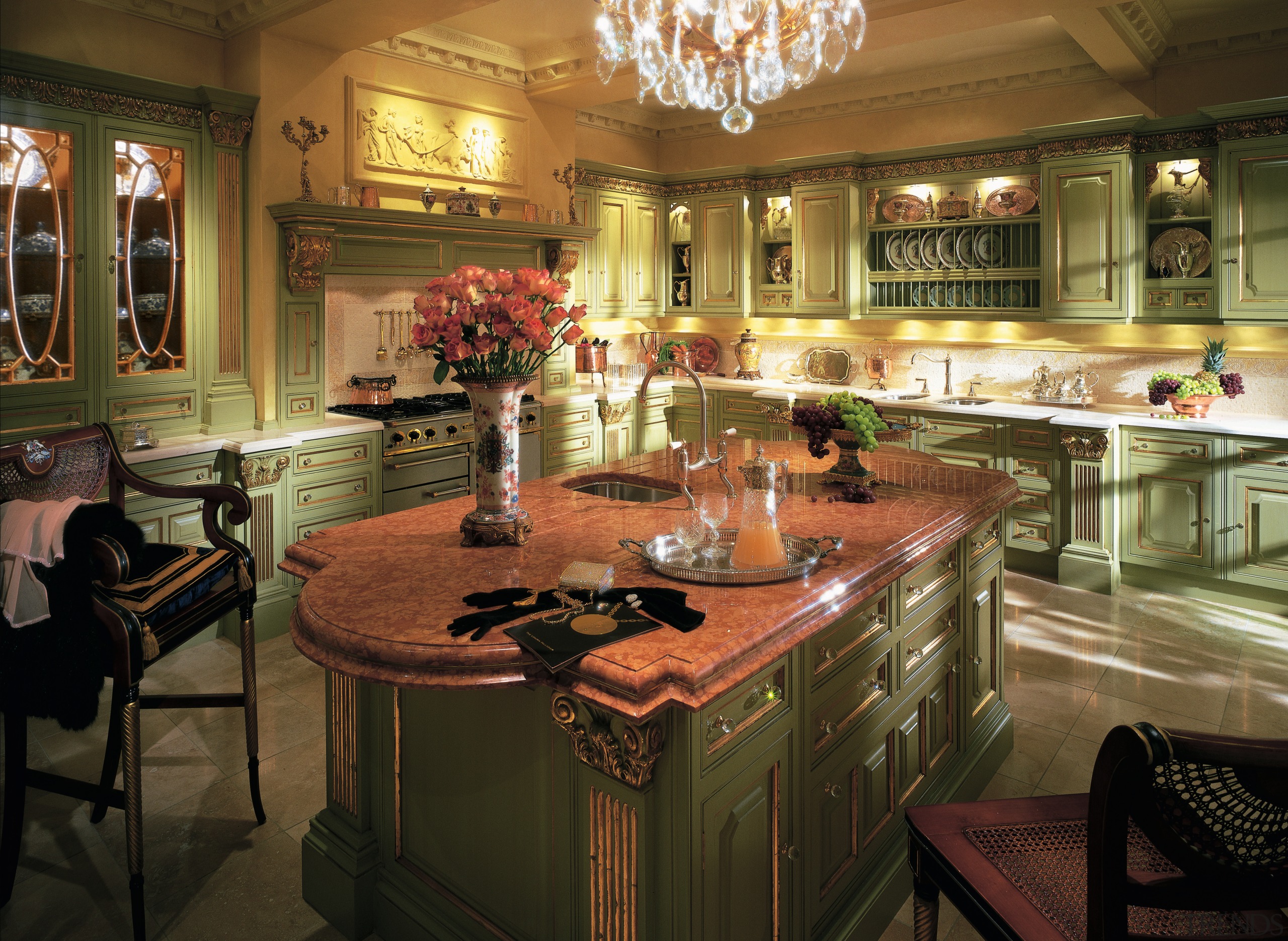 view of this regency kitchen in engish green countertop, interior design, kitchen, brown