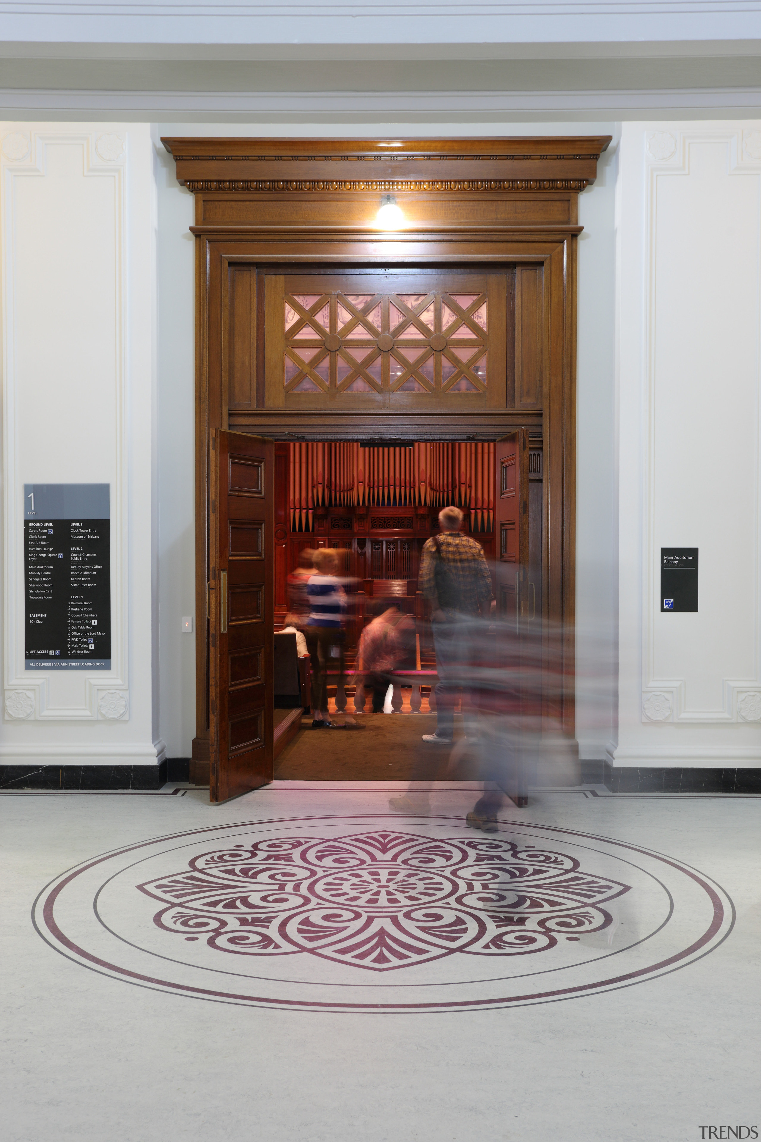 As part of the Brisbane City Hall restoration door, floor, flooring, furniture, hardwood, home, interior design, wood, gray