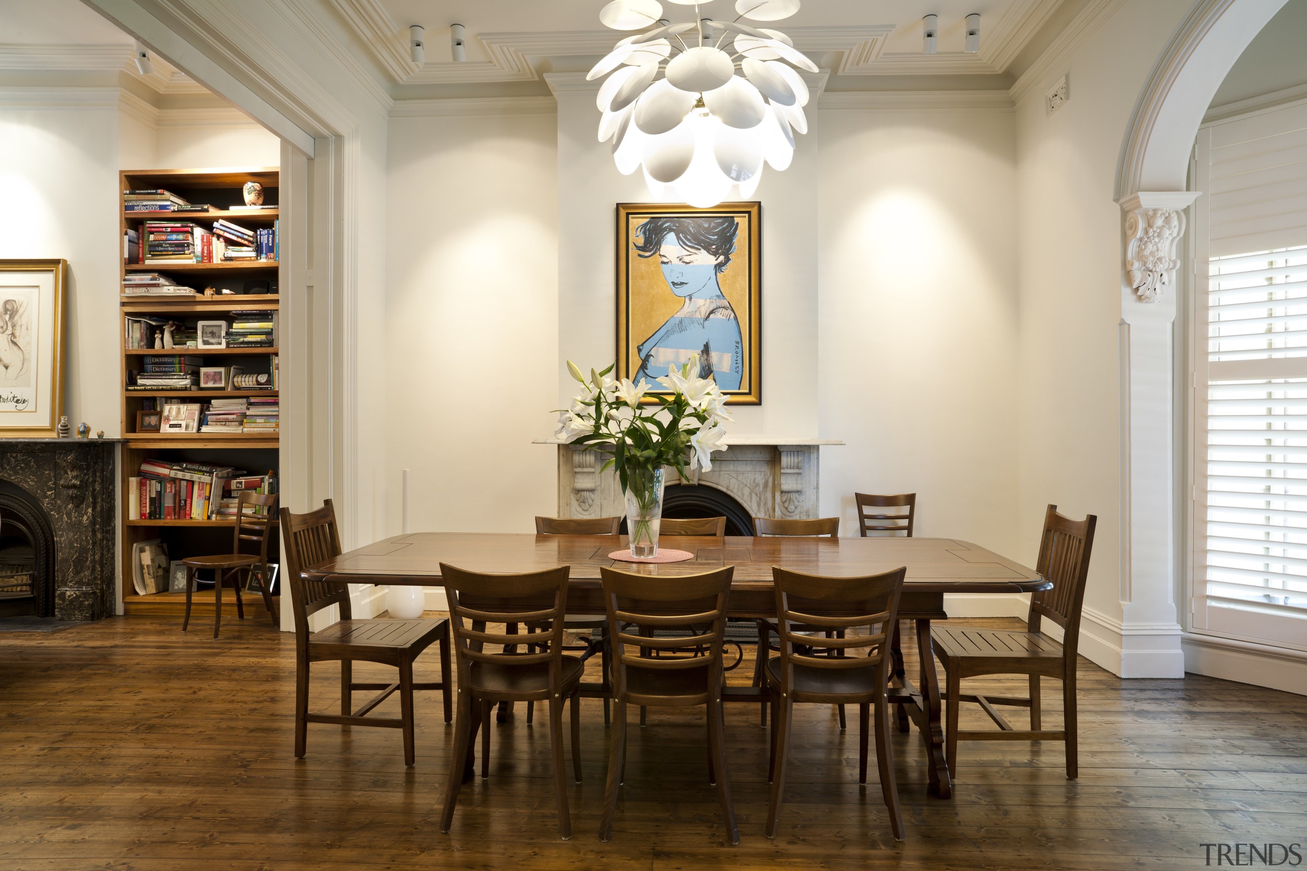 Wooden dining table with wooden chairs and light ceiling, chair, dining room, floor, flooring, furniture, home, interior design, living room, room, table, white, brown
