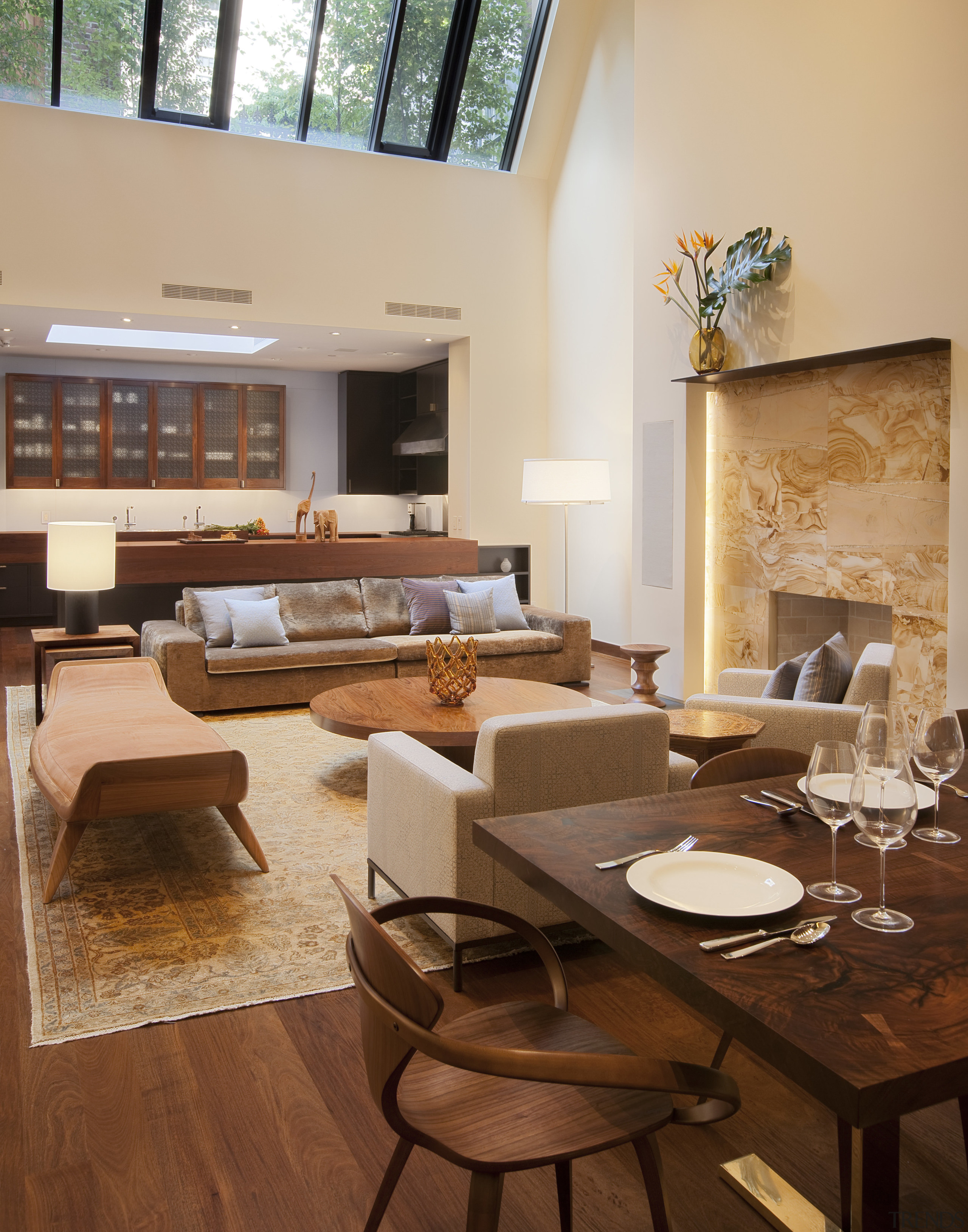 Open plan kitchen and dining area with wooden furniture, interior design, living room, room, table, brown, orange