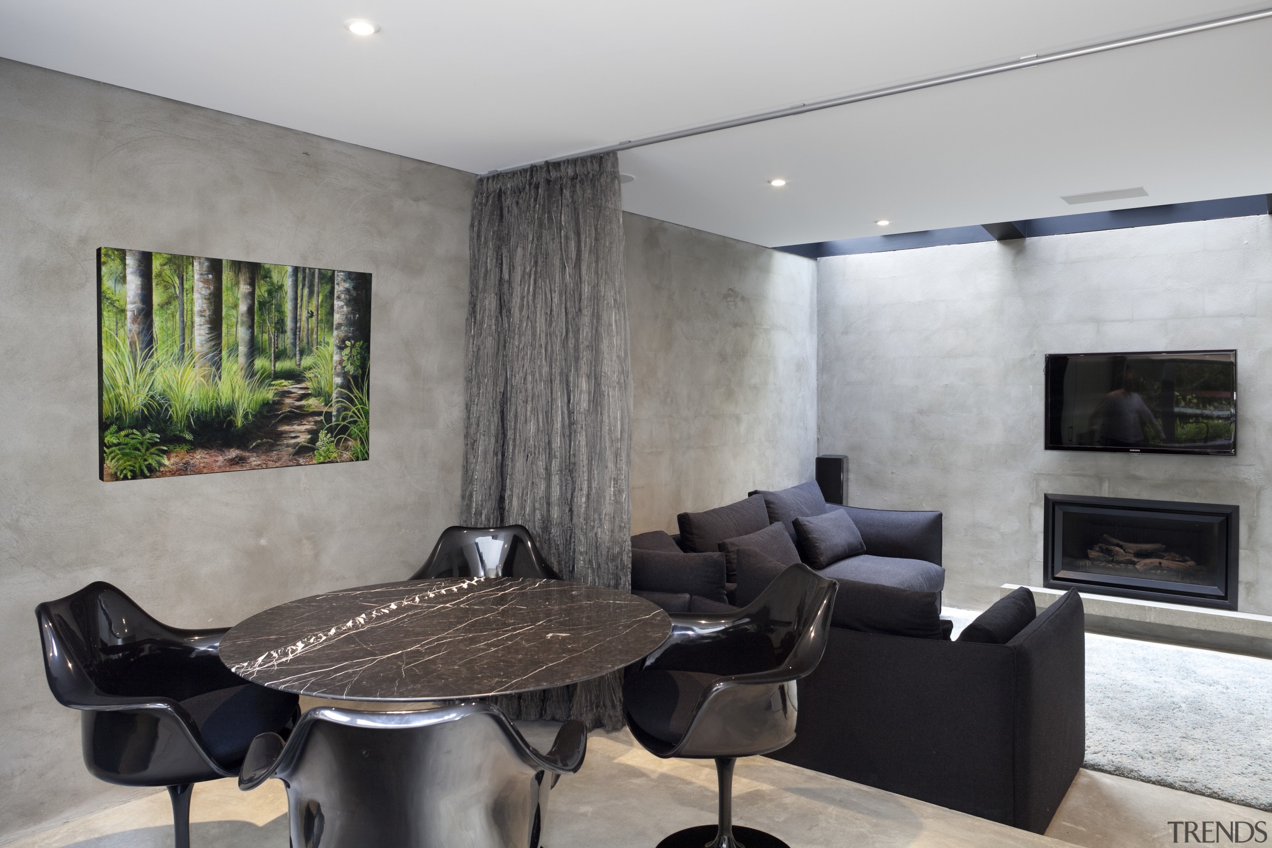 Dining room, lounge, wall art, TV, fireplace, Grey, architecture, house, interior design, living room, real estate, room, table, wall, gray