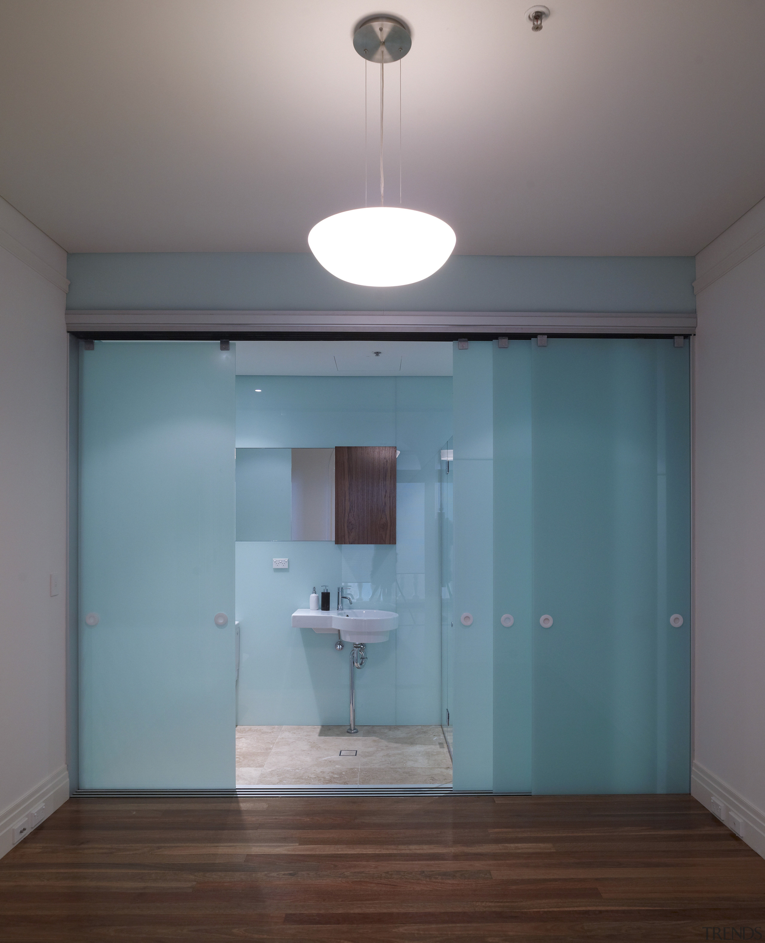 View of penthouse apartment bathroom at restored historic architecture, ceiling, daylighting, door, floor, glass, hardwood, home, house, interior design, light fixture, lighting, room, wall, wood, gray, teal