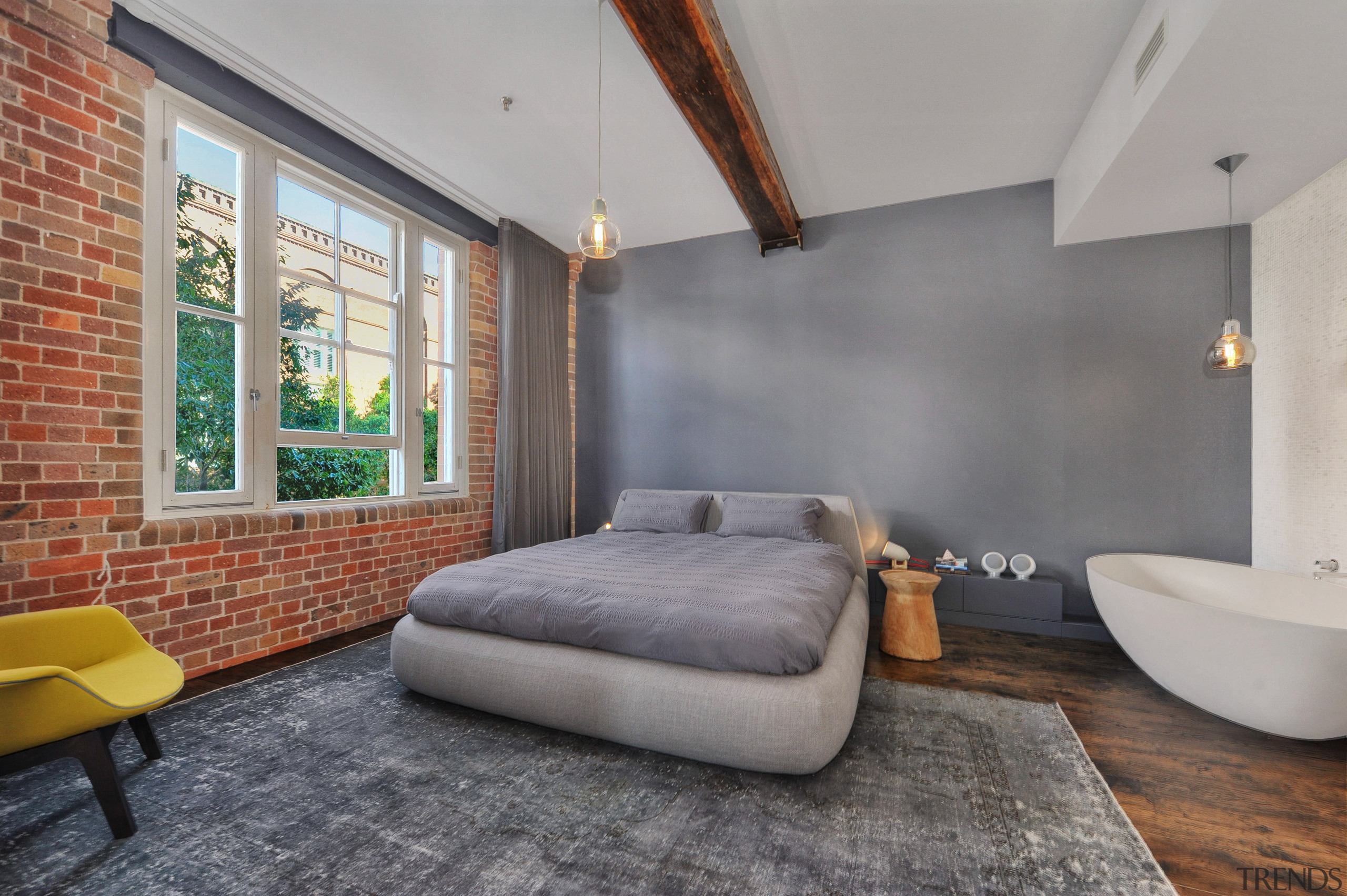 Sandblasted brick walls and new hand-scraped, distressed French architecture, ceiling, floor, interior design, loft, real estate, room, wall, gray