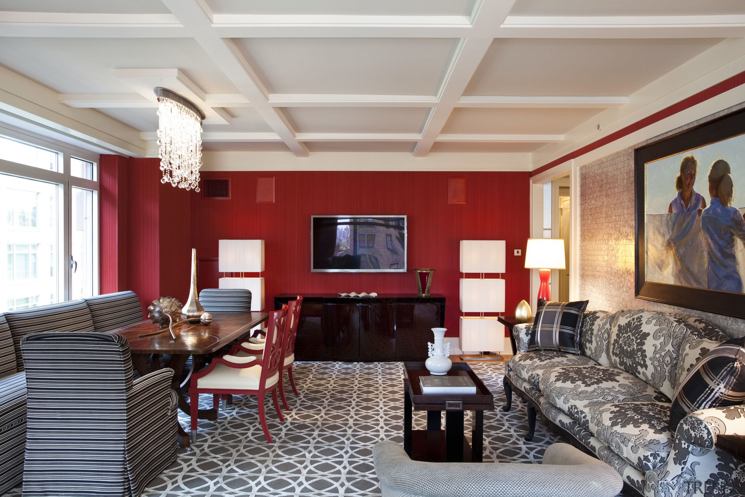 A sculptural corner lamp in this Manhattan apartment ceiling, interior design, living room, lobby, real estate, room, gray