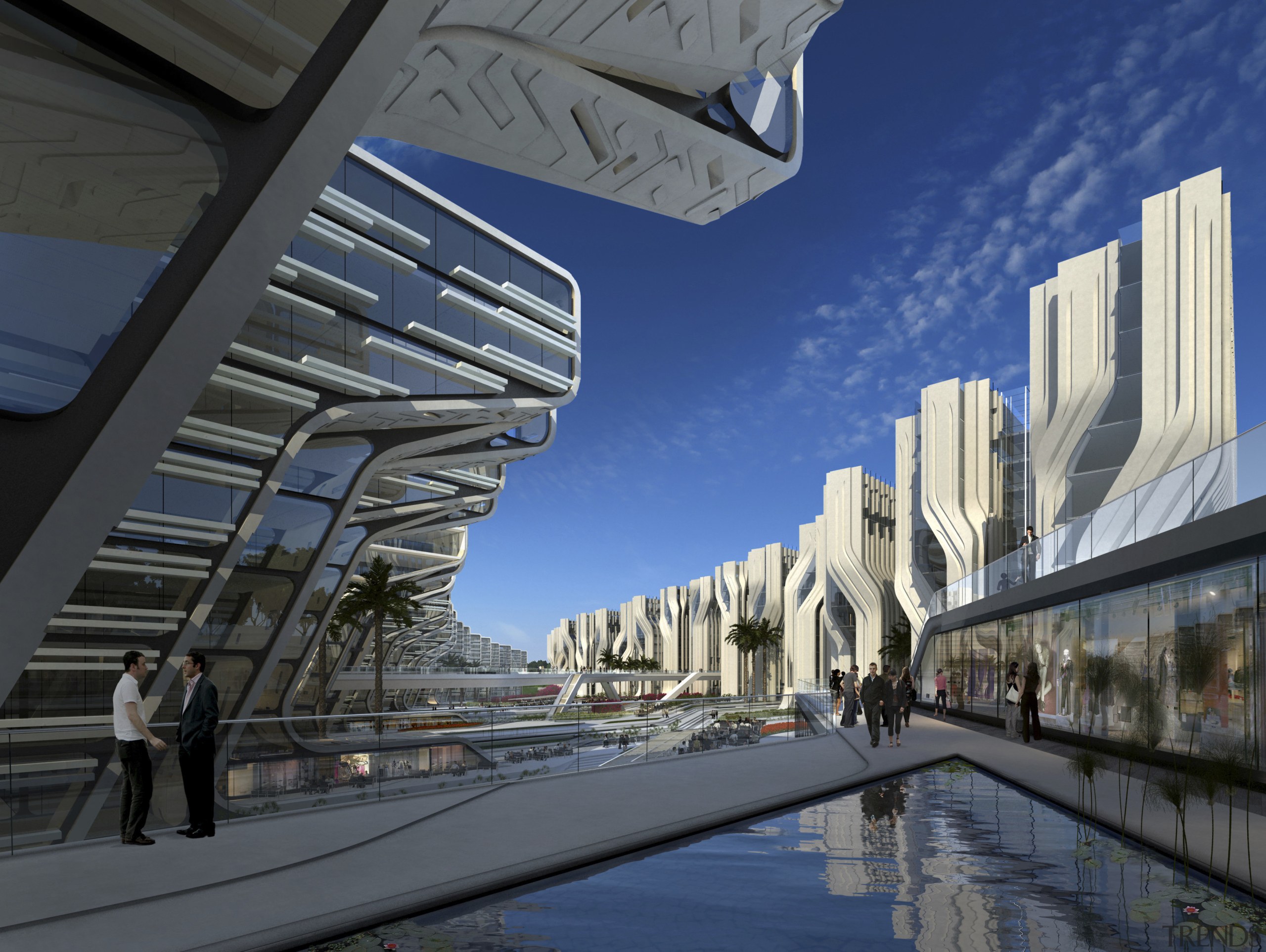 A View of Stone Towers by Zaha Hadid architecture, building, city, condominium, corporate headquarters, daytime, metropolis, metropolitan area, mixed use, reflection, sky, structure, water, blue, black, gray