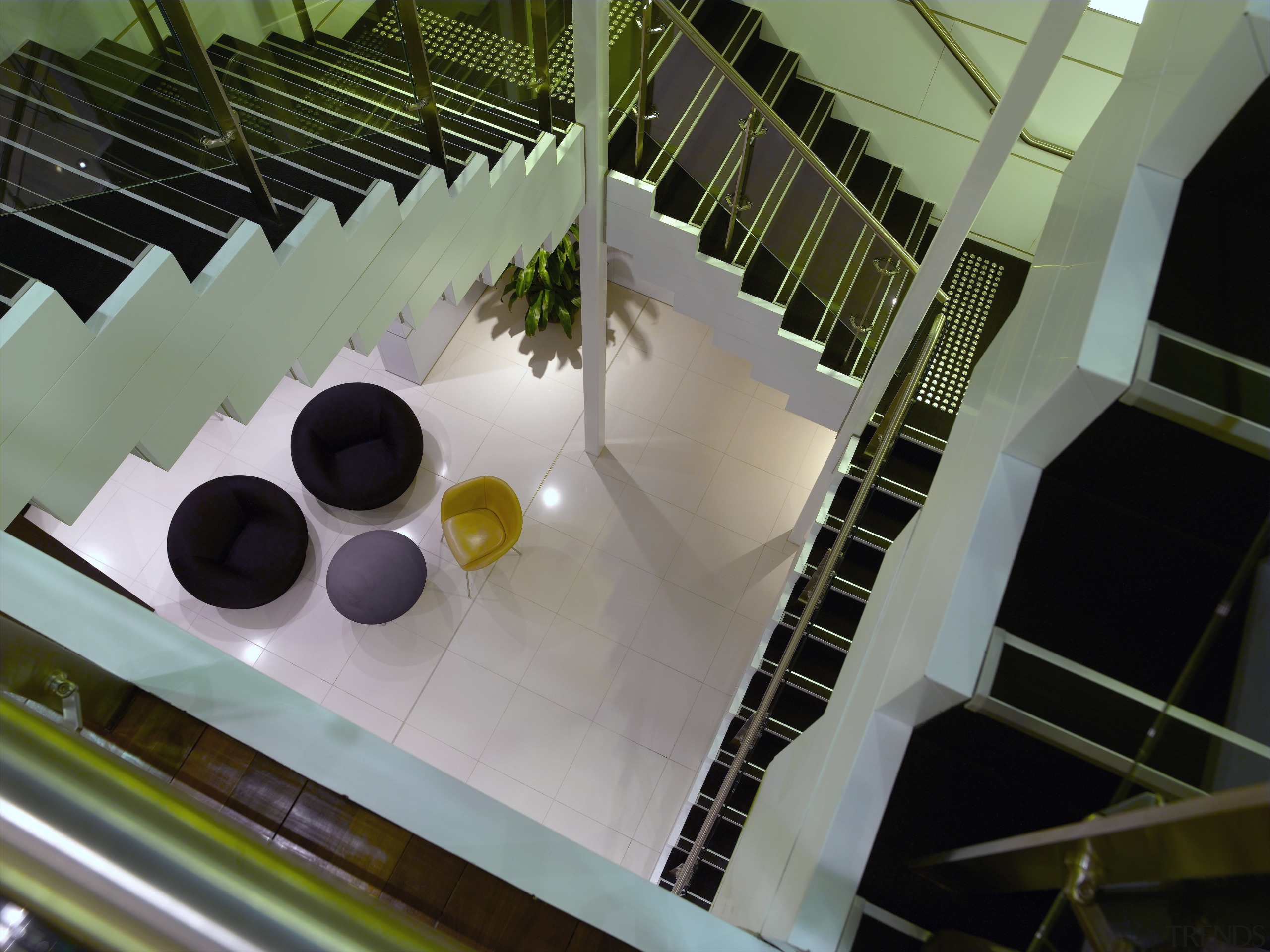 A view of this feature stair case where architecture, daylighting, house, interior design, stairs, gray, black