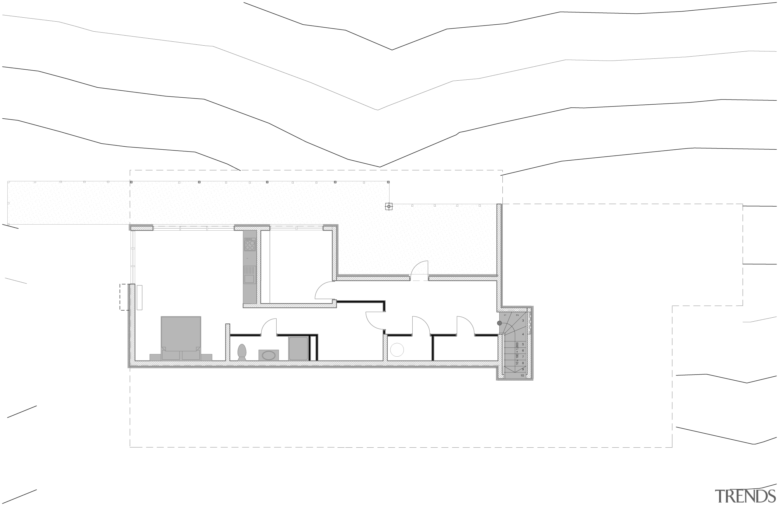 The basement of this home includes a self-contained angle, architecture, area, black and white, design, diagram, drawing, elevation, floor plan, font, house, line, plan, product, product design, rectangle, square, structure, text, white