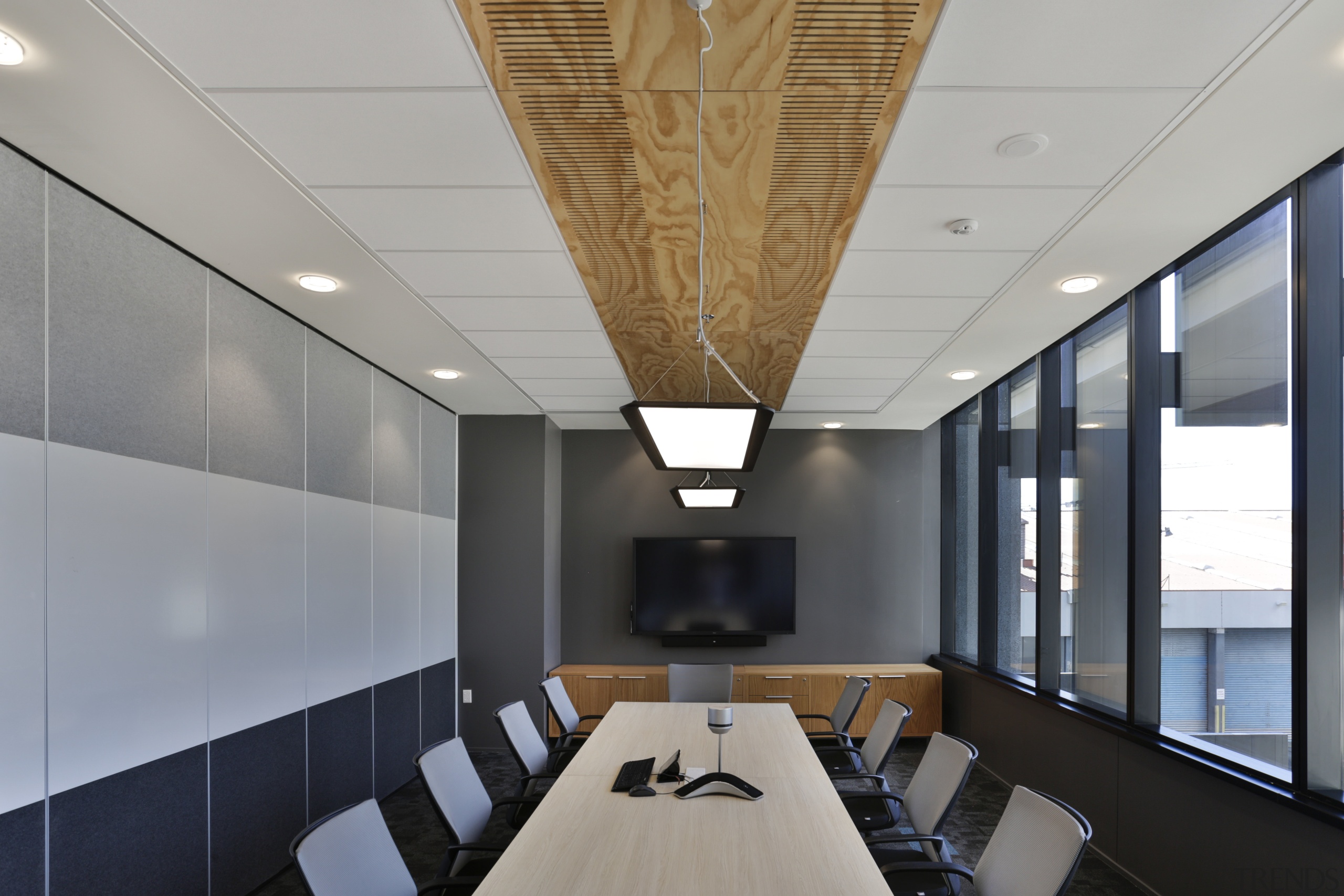 Armstrong Ultima ceiling tiles were used in the architecture, ceiling, conference hall, daylighting, interior design, office, gray