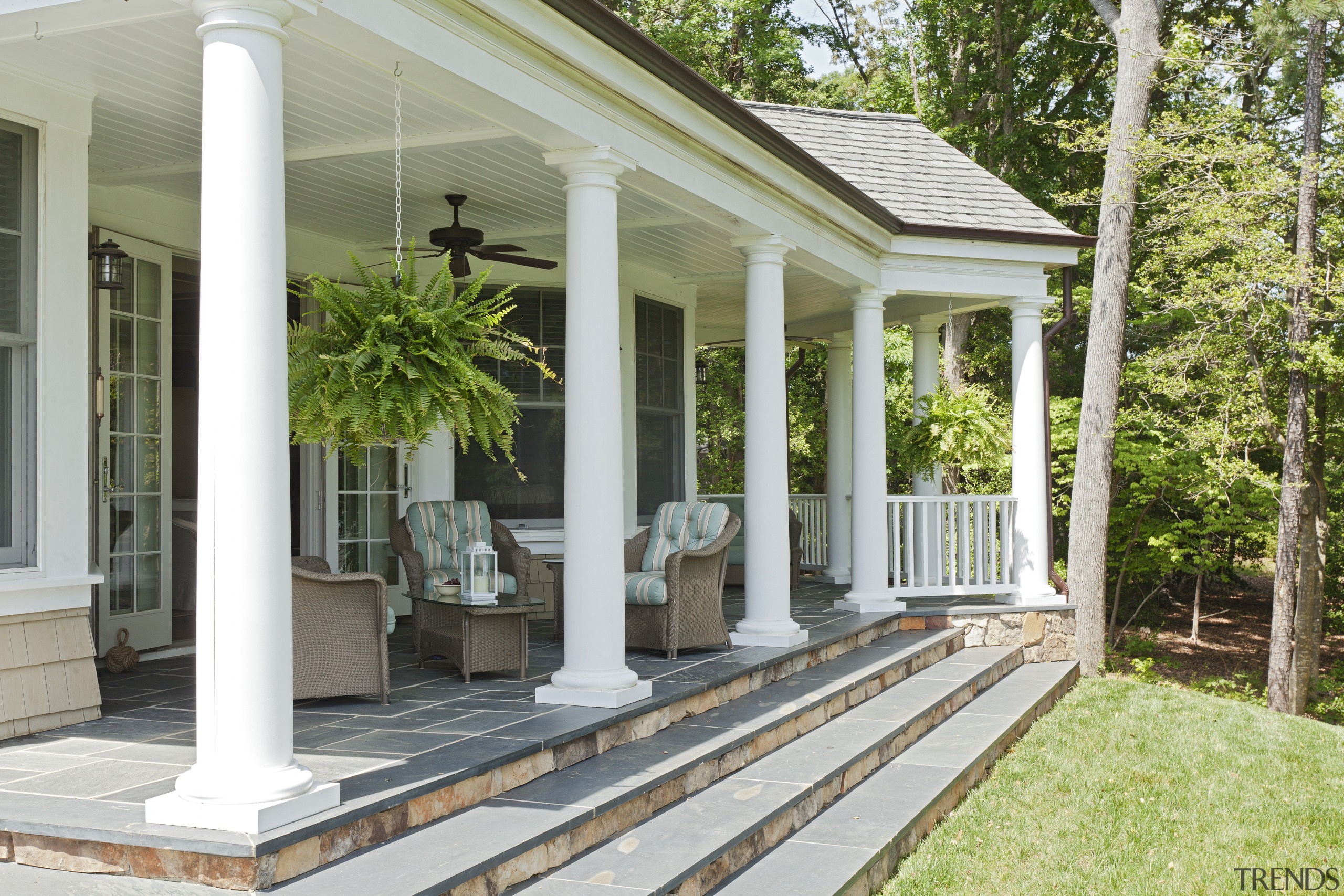 Slate steps lead up to the main porch column, house, outdoor structure, porch, real estate, structure, gray