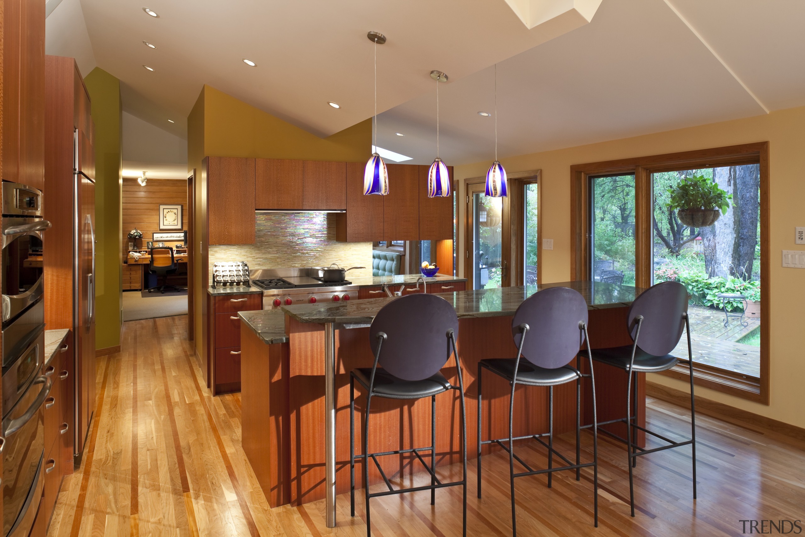 View of kitchen designed by Randall M Buffie countertop, dining room, floor, flooring, hardwood, home, house, interior design, kitchen, living room, real estate, room, wood, wood flooring, brown, orange