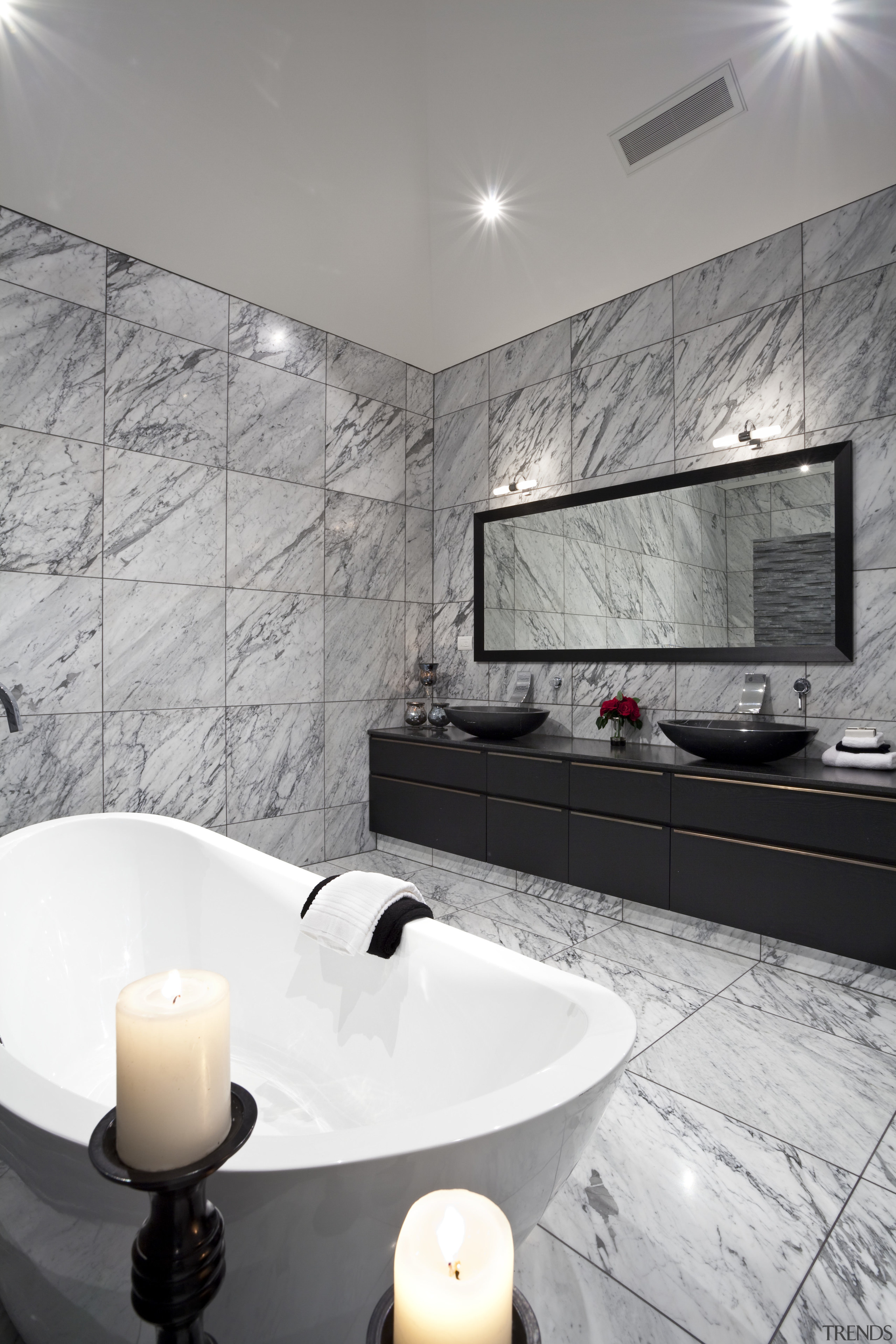 View of bedroom and bathroom with grey, black architecture, bathroom, ceiling, floor, flooring, home, interior design, room, sink, tap, tile, wall, gray, white