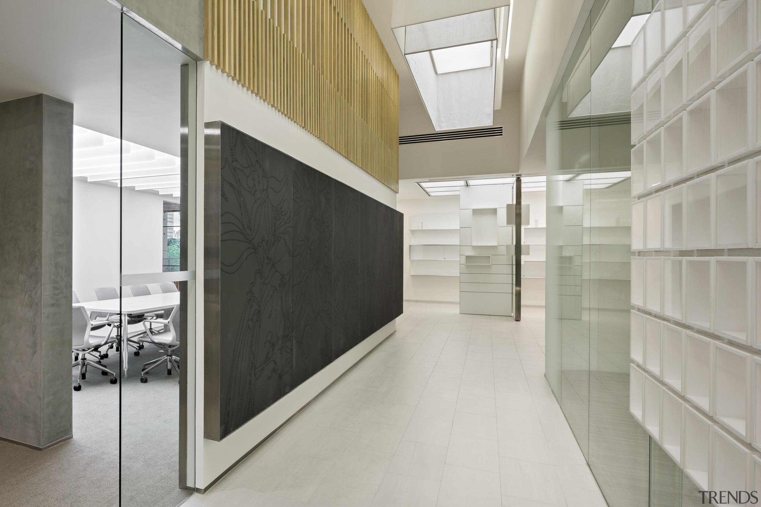 The entrance to the fragrance laboratory at the architecture, daylighting, floor, glass, interior design, lobby, product design, gray