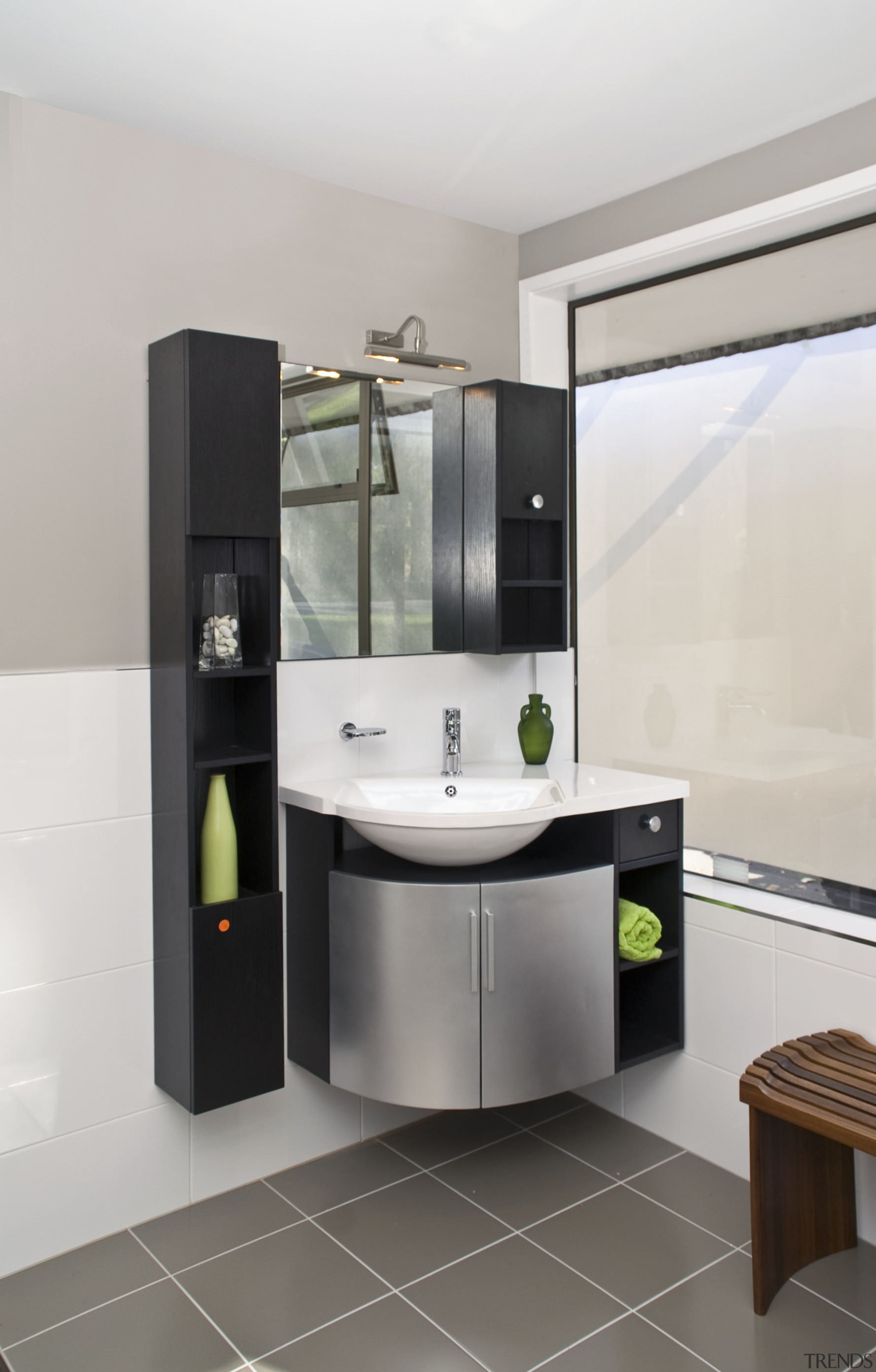 Image of one of the bathroom showrooms at bathroom, bathroom accessory, bathroom cabinet, interior design, product design, room, sink, white