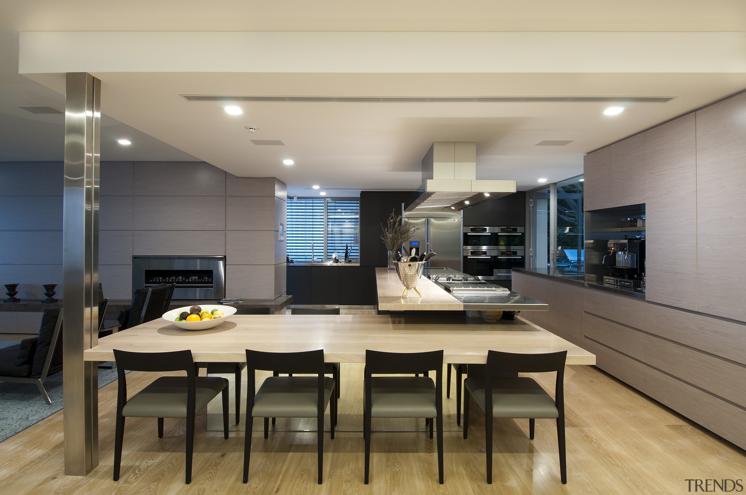 Contemporary dining room overlooking the kitchen nearby ceiling, dining room, interior design, kitchen, real estate, room, table, orange
