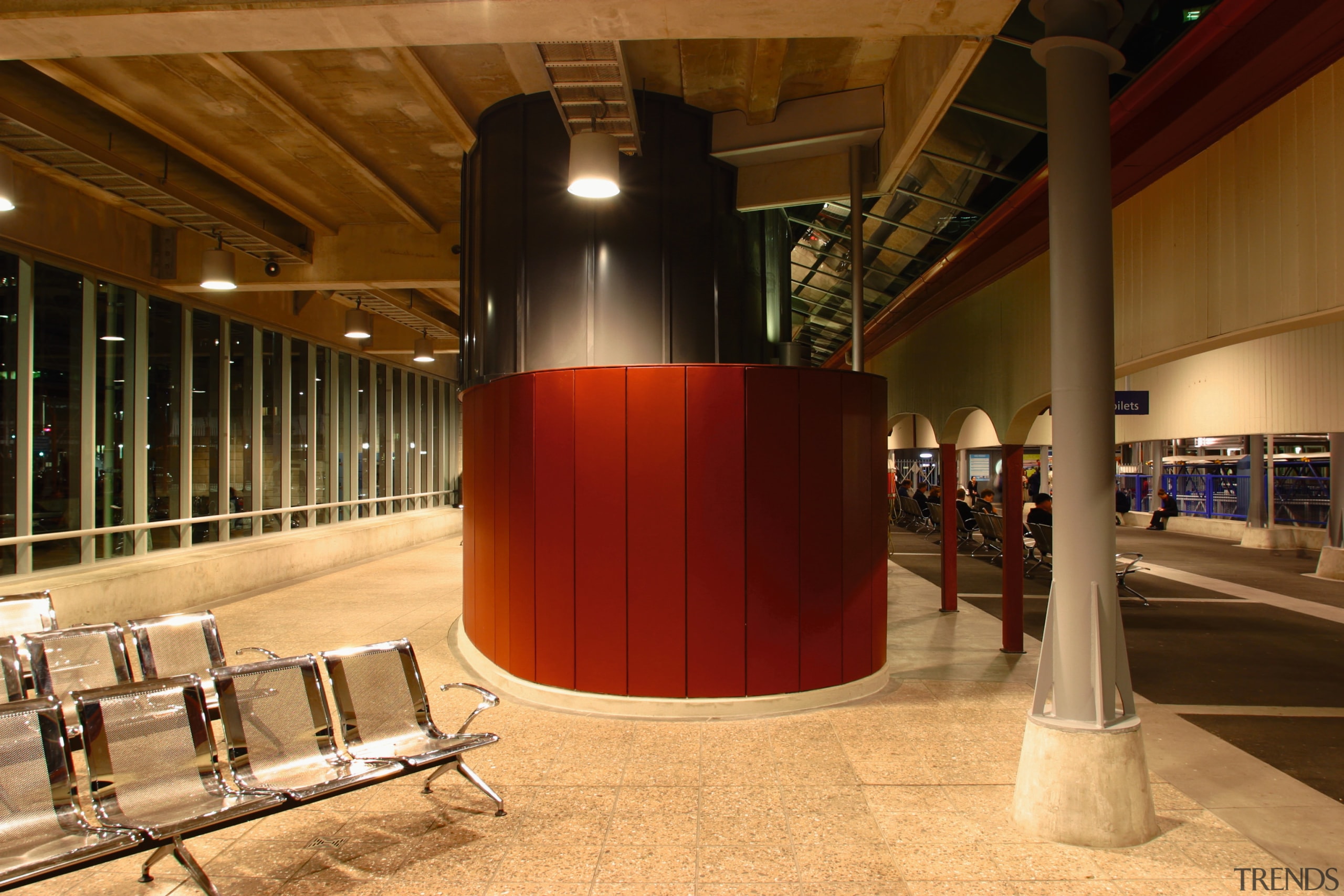 Interior and seating within the Auckland city Ferry interior design, lobby, brown, orange