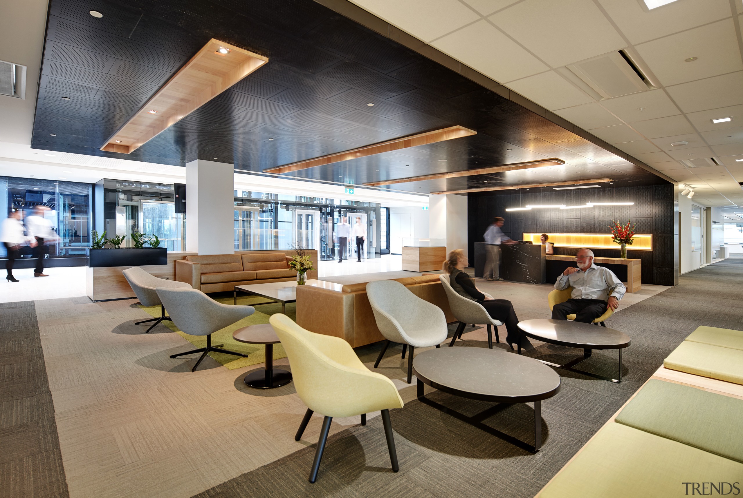 This informal meeting area in the Charter Hall ceiling, interior design, lobby, office, gray, brown