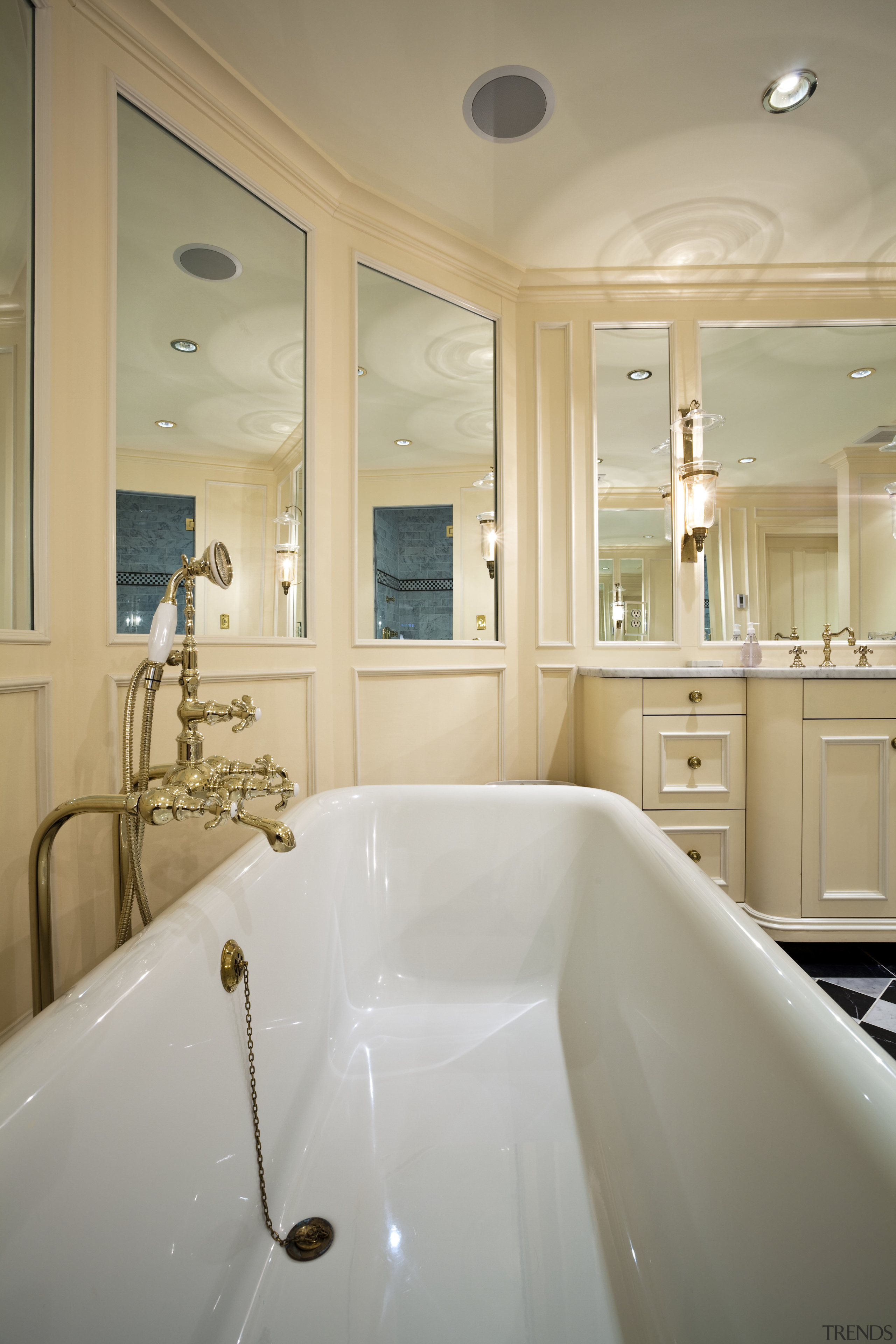 View of bathroom with checkerboard floor, white bathtub bathroom, bathtub, ceiling, estate, floor, home, interior design, real estate, room, sink, gray, orange