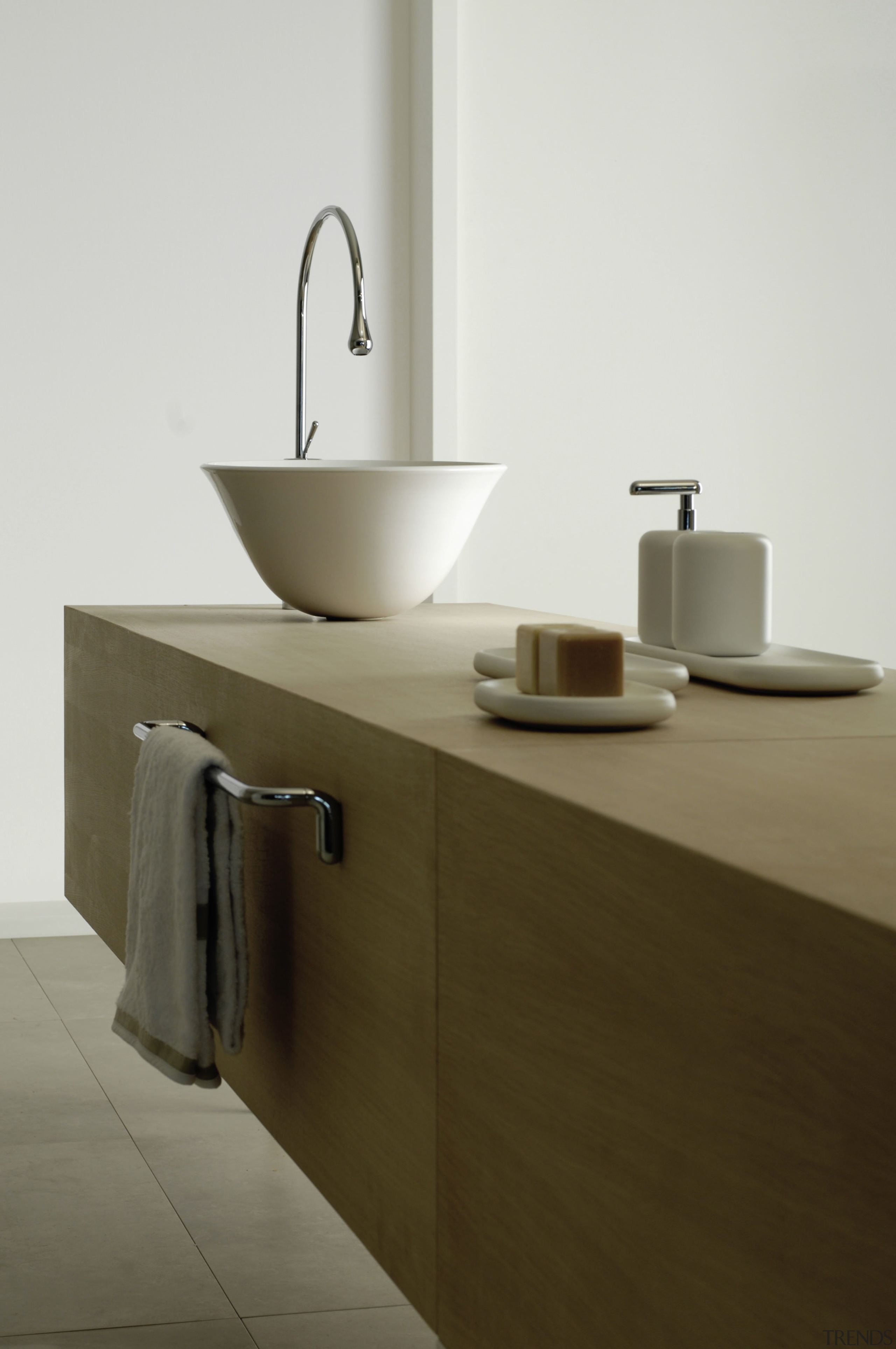 View of contemporary basins. - View of contemporary bathroom, bathroom accessory, bathroom cabinet, bathroom sink, ceramic, countertop, floor, furniture, interior design, plumbing fixture, product design, sink, tap, white, brown