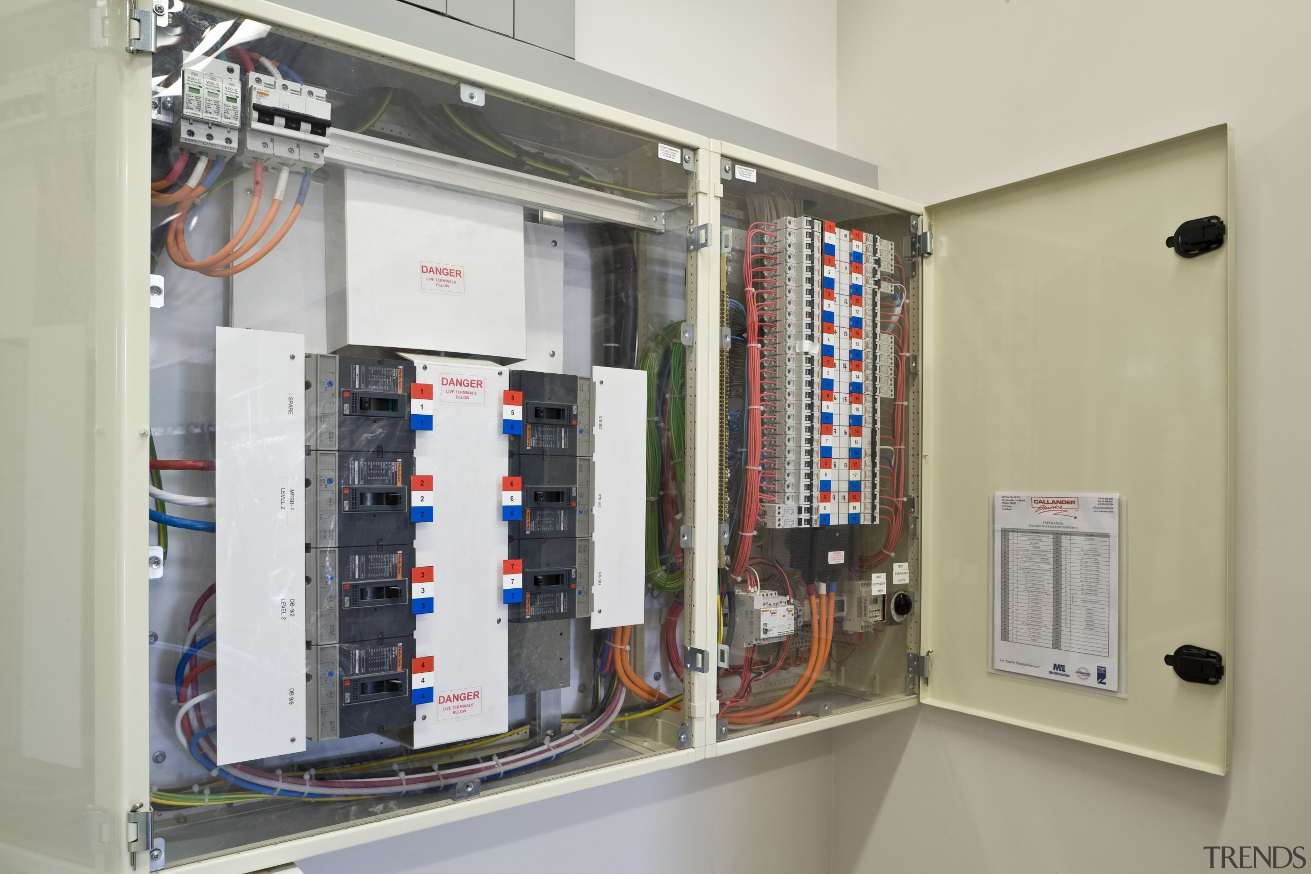 View of a power distribution board with a electrical wiring, gray