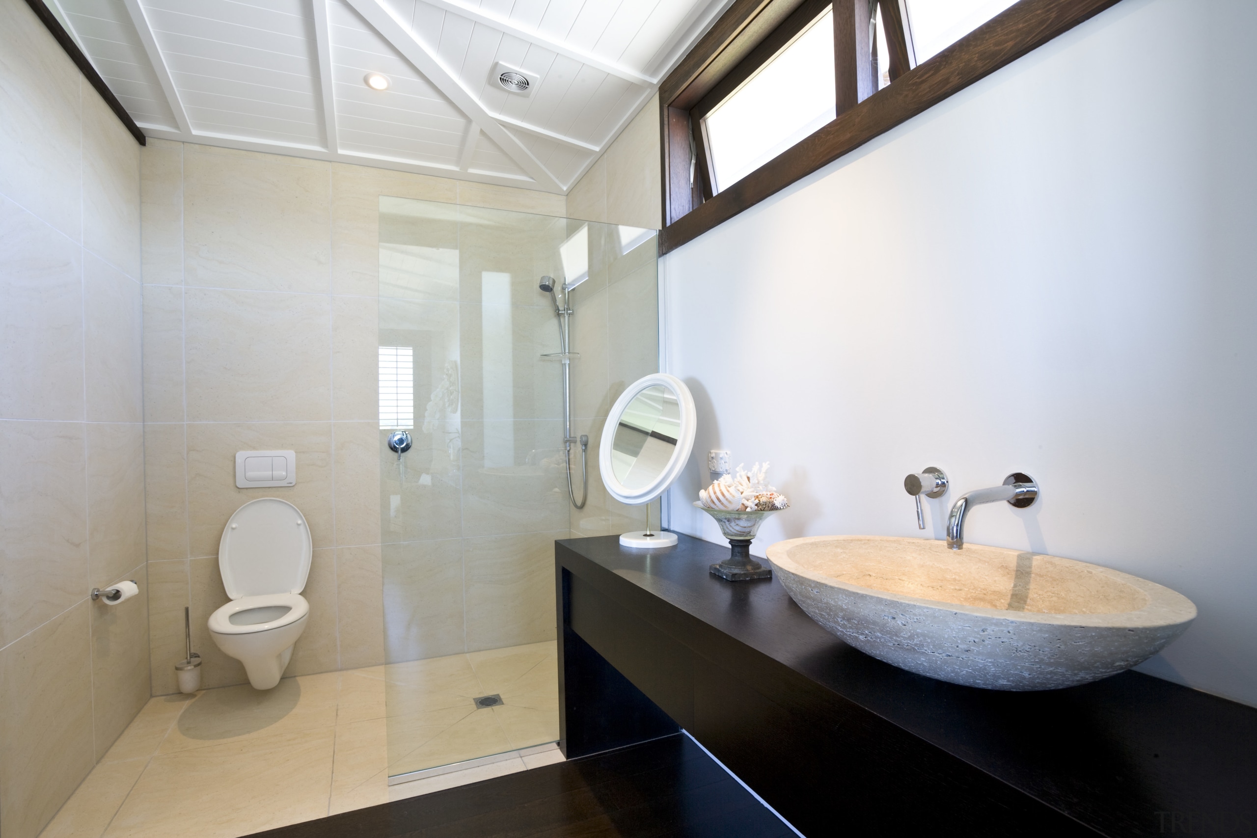 View of the master bedroom ensuite with stone architecture, bathroom, daylighting, home, interior design, product design, property, real estate, room, sink, gray, white