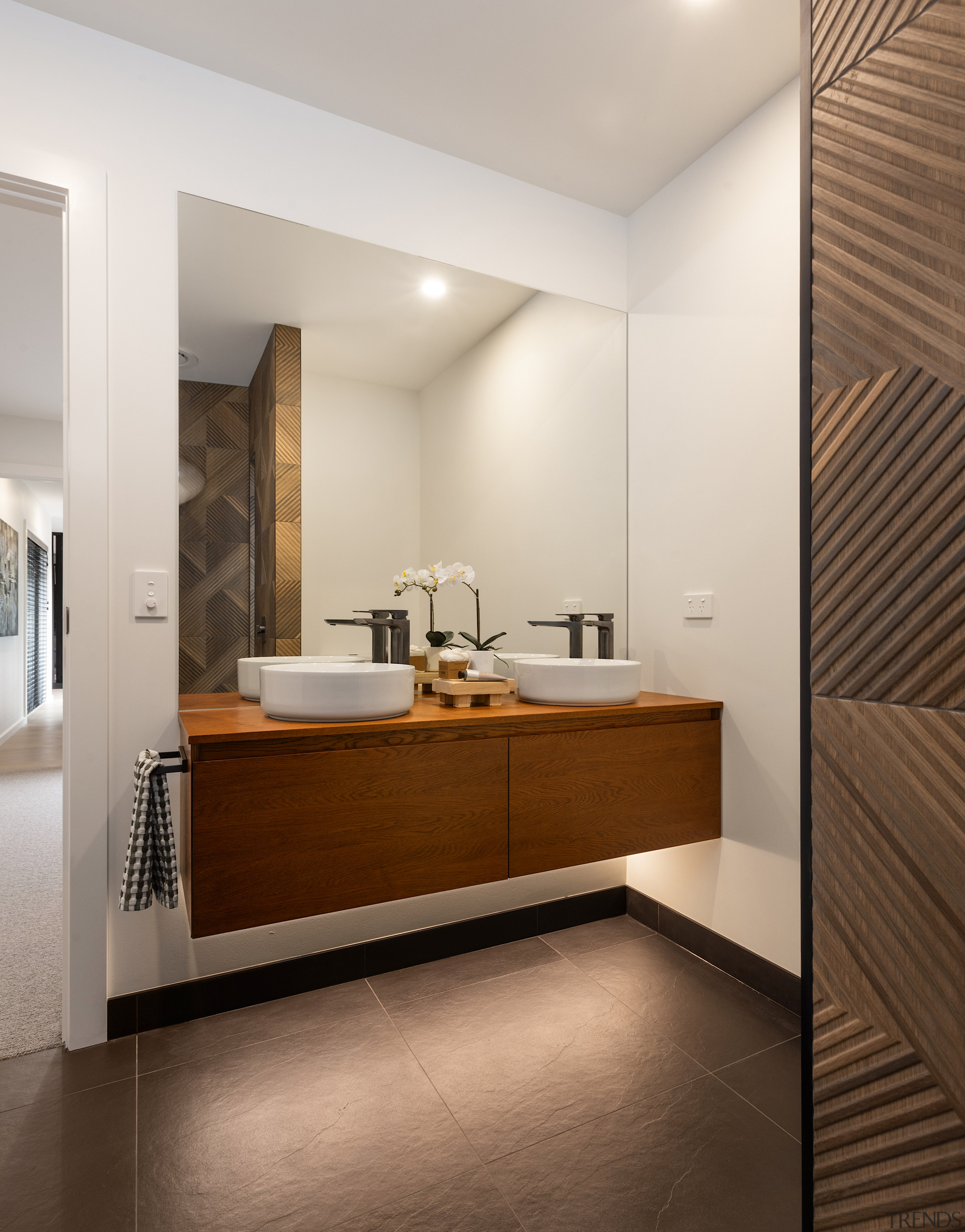 Master suite double vanity with table top basins. 