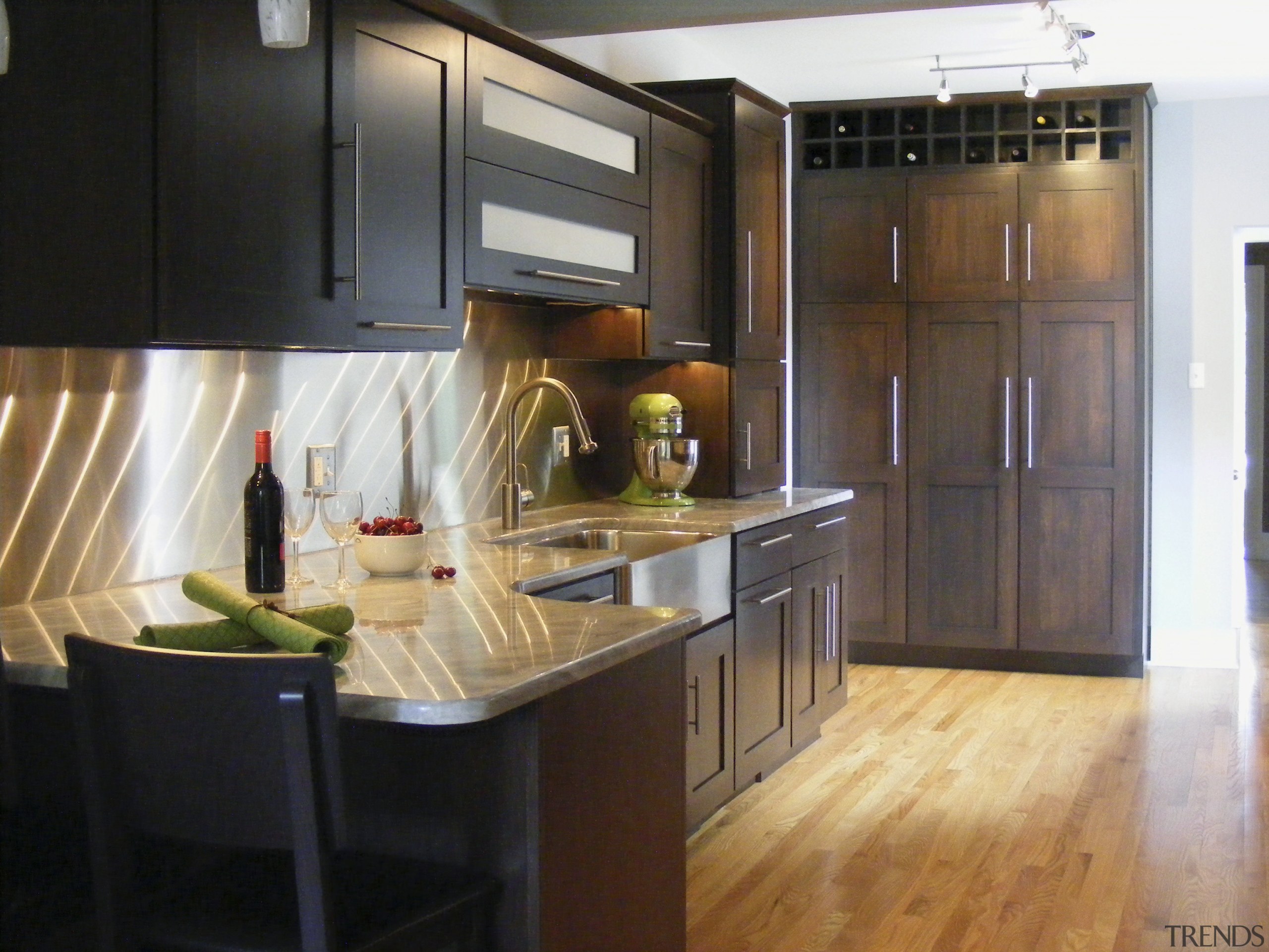 View of a new kitchen which was designed cabinetry, countertop, cuisine classique, flooring, hardwood, interior design, kitchen, room, black