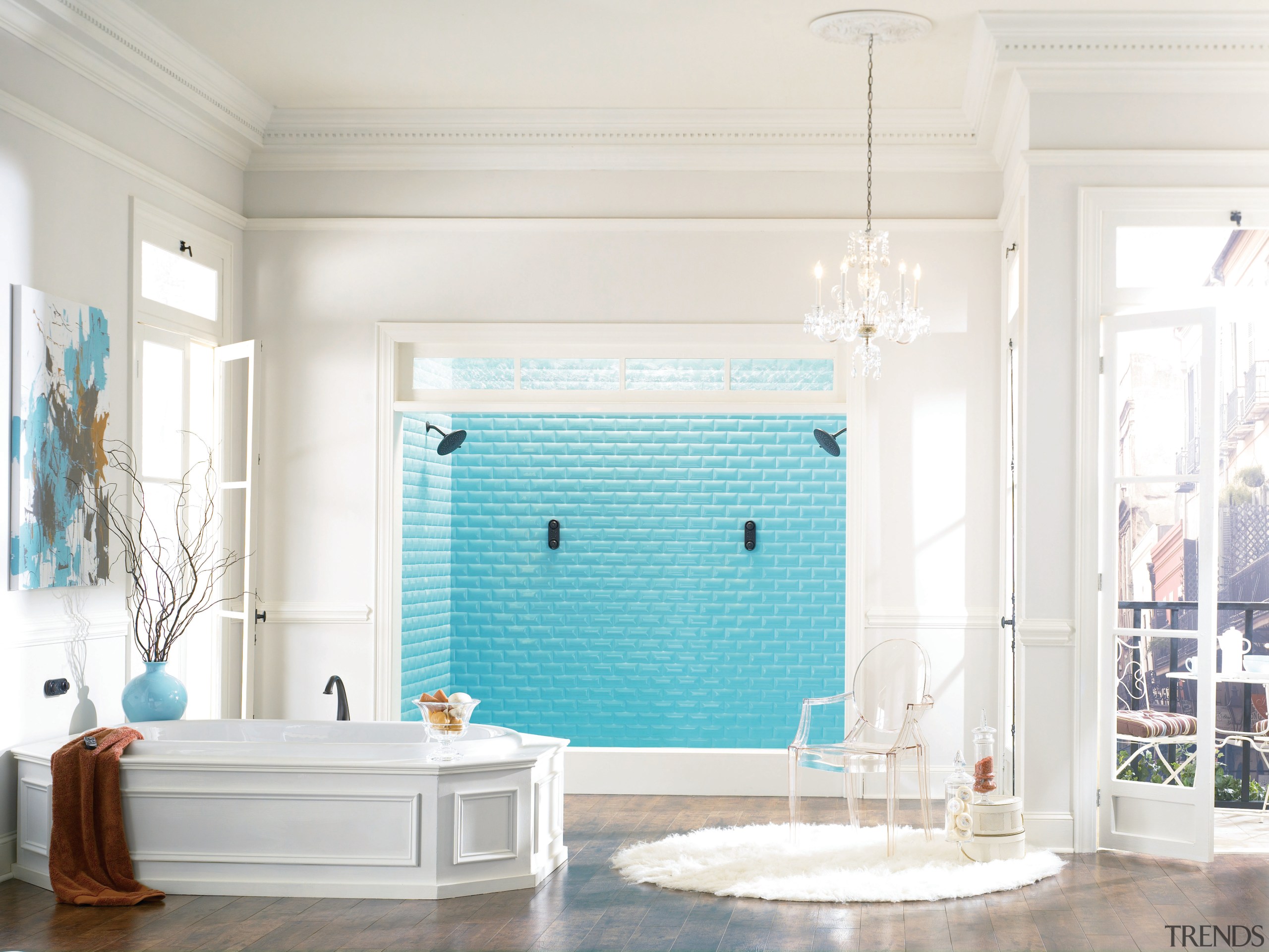 View of a bathroom which features a bathtub bathroom, blue, ceiling, floor, flooring, home, interior design, room, wall, window, window covering, window treatment, white