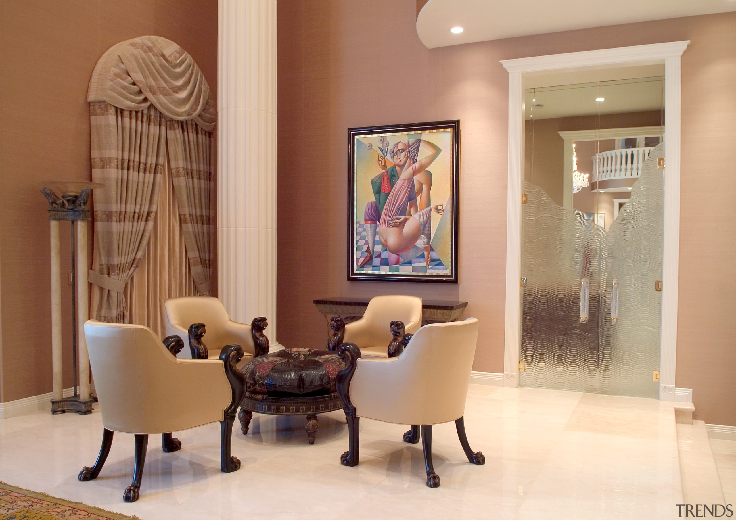 Sititng room four chairs glass door - Sititng ceiling, floor, flooring, furniture, home, interior design, living room, lobby, property, real estate, room, wall, orange, brown