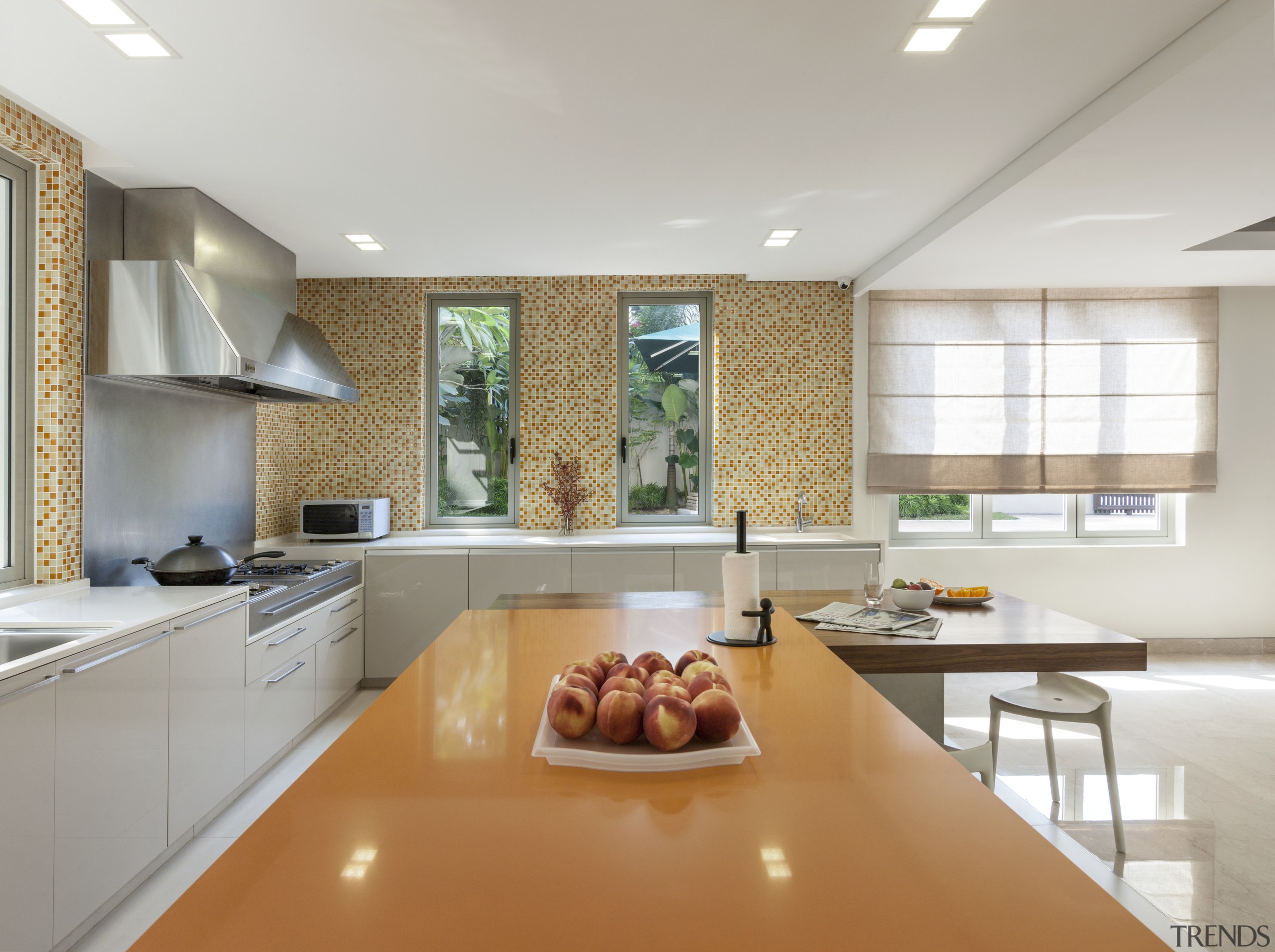 Unlike many Singapore houses, there is just one ceiling, countertop, interior design, kitchen, real estate, gray