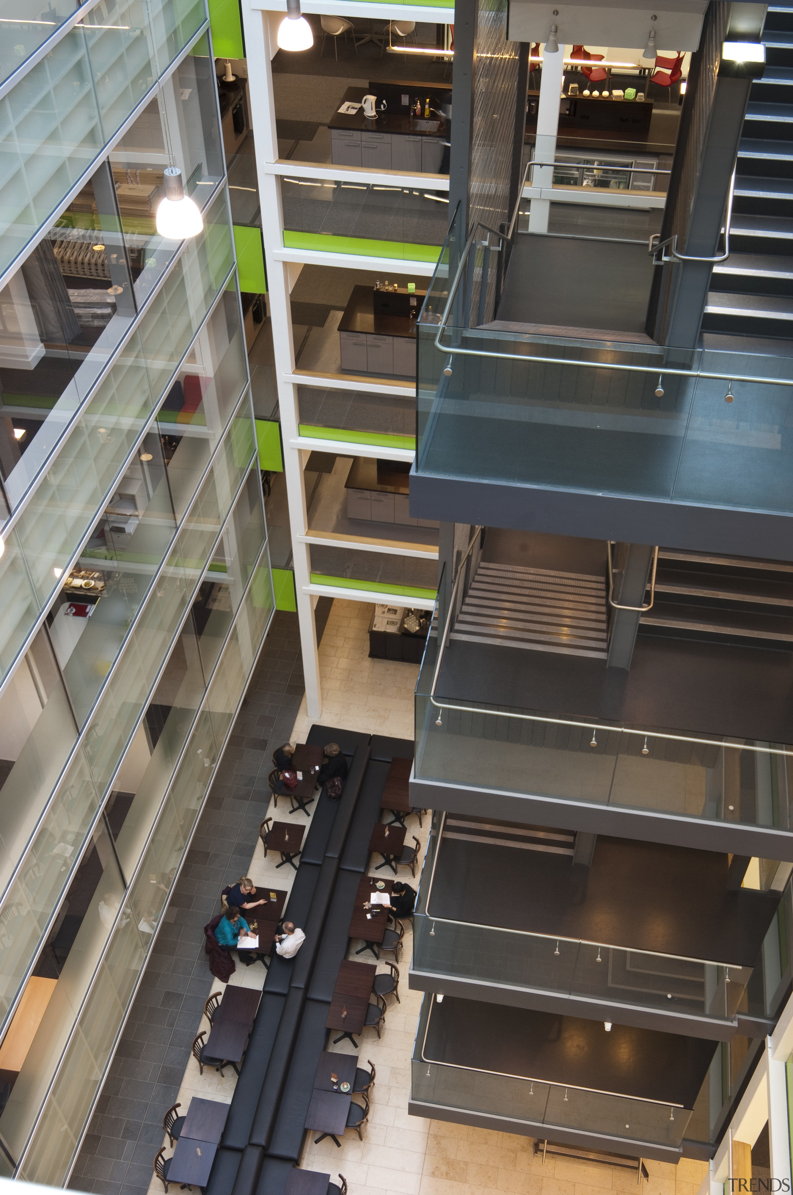 View of the interior of the Vogel Center architecture, building, glass, stairs, black, gray