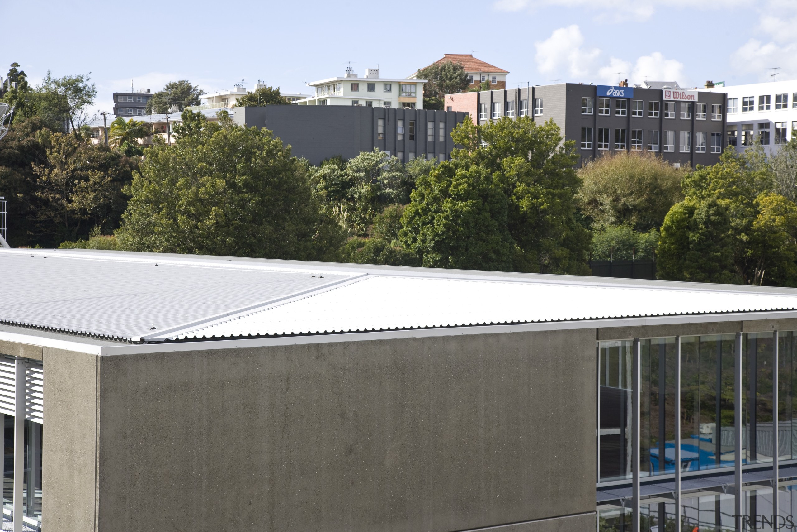 view of the main commercial building at Carlaw architecture, daylighting, outdoor structure, real estate, residential area, roof, white, gray