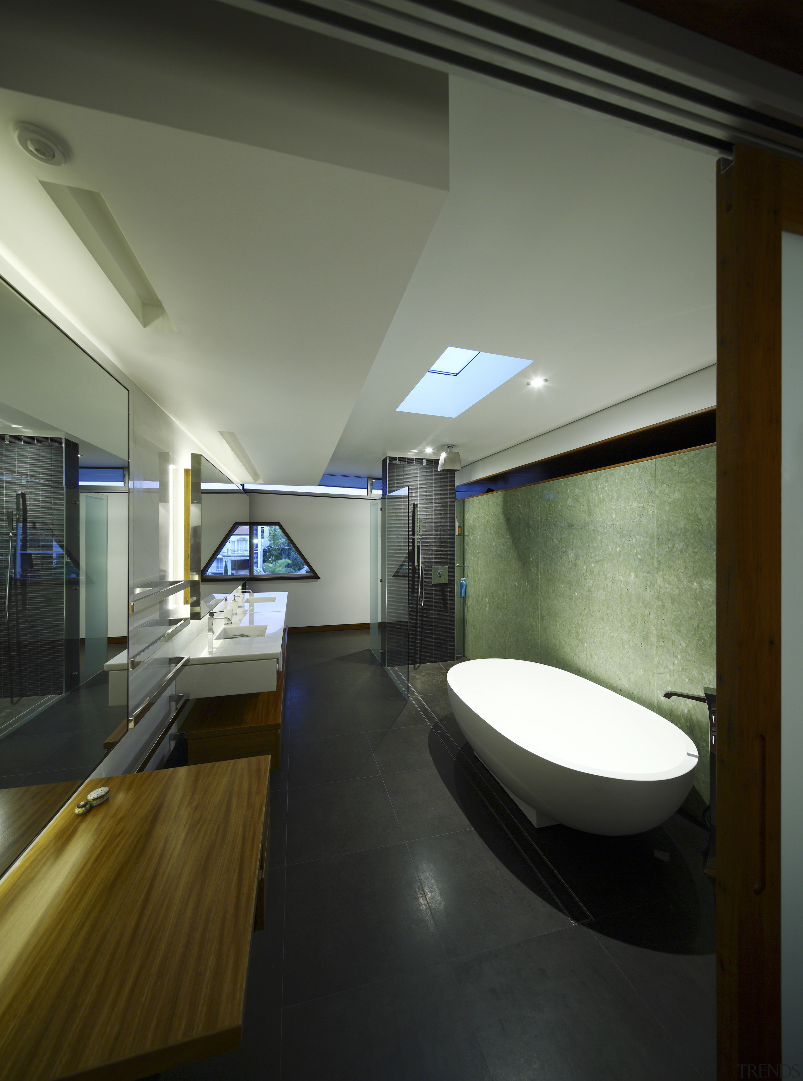 View of contemporary bathroom with white oval bath architecture, bathroom, ceiling, daylighting, house, interior design, room, black, gray