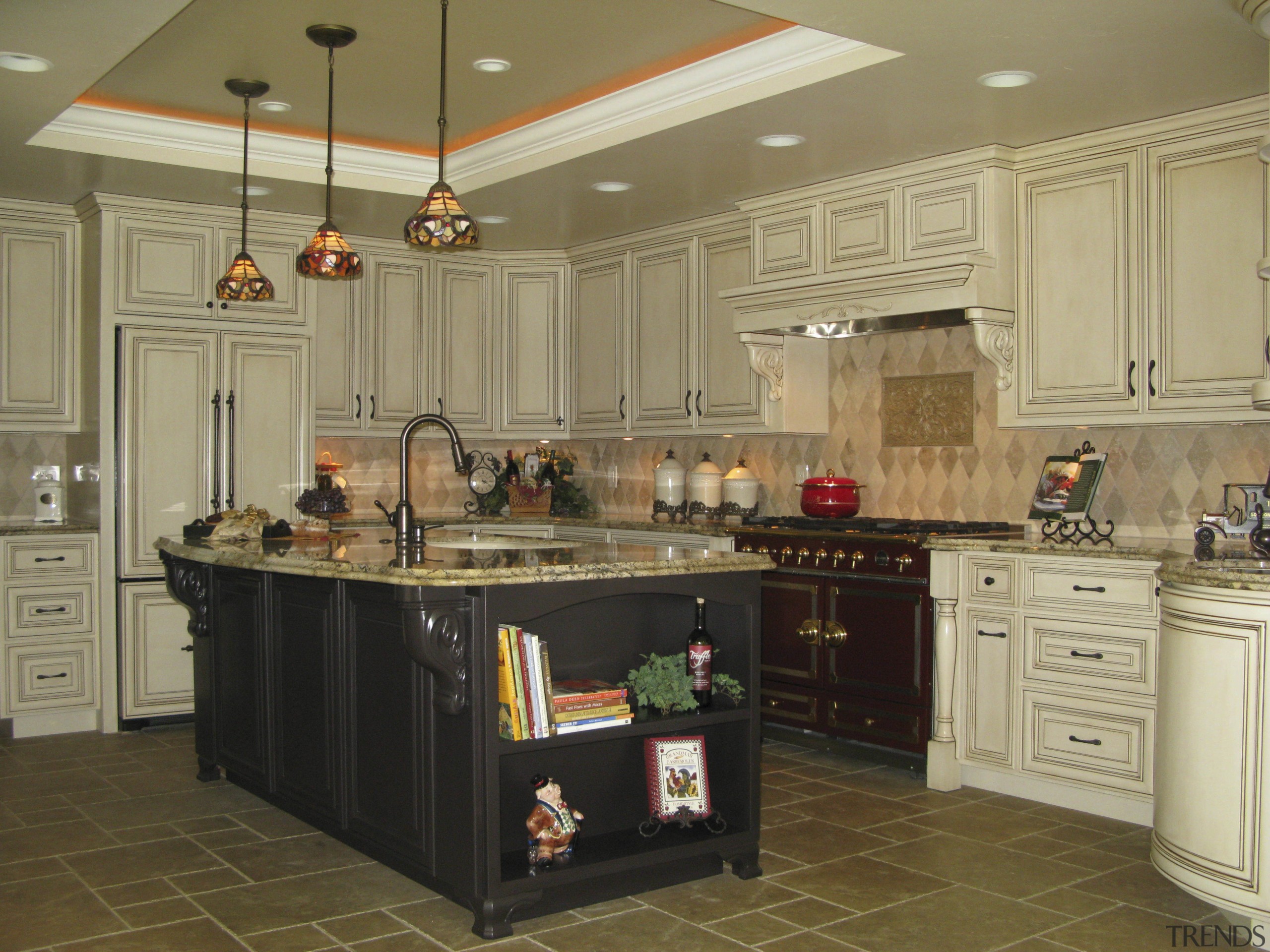 View of remodelled kitchen, with light-toned cabinetry and cabinetry, countertop, cuisine classique, flooring, interior design, kitchen, room, brown, orange