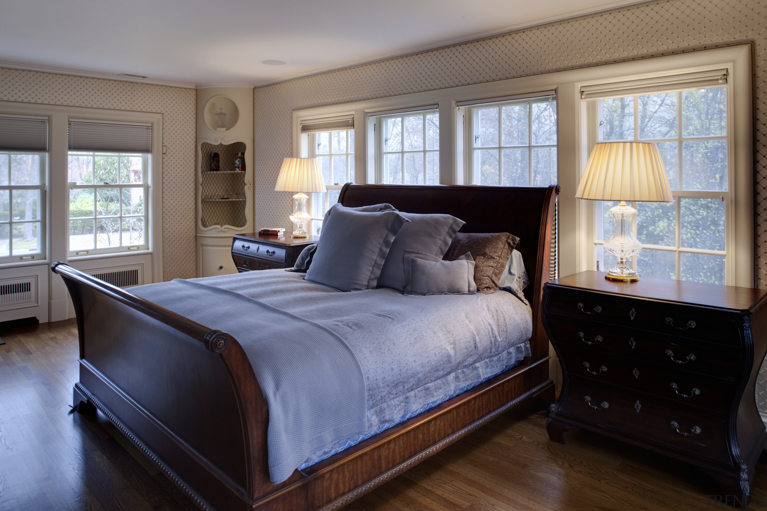 View of the master bedroom which features dark-stained bed frame, bedroom, ceiling, hardwood, home, interior design, real estate, room, window, wood, gray, black