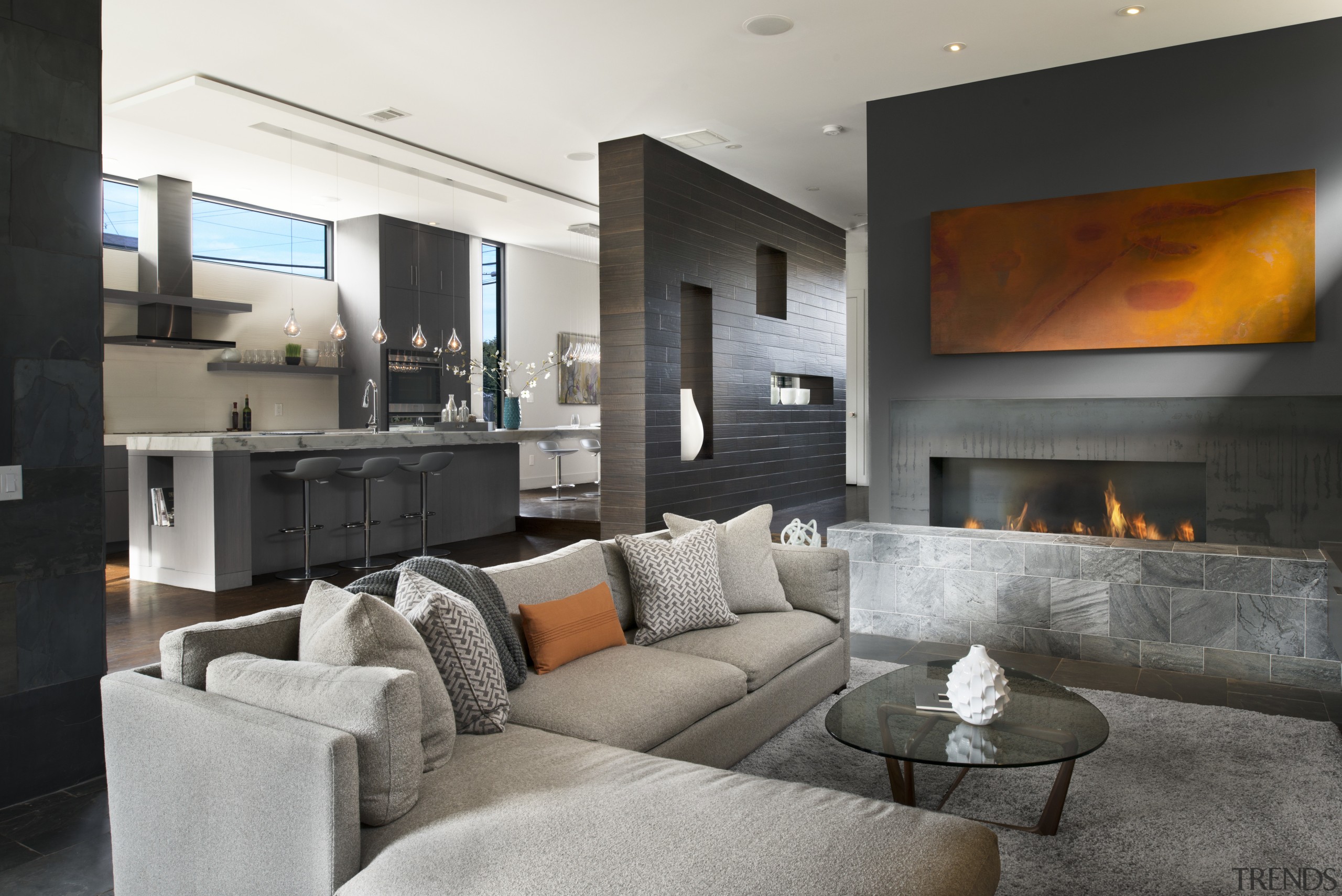 Living area with blade walls, part of highly fireplace, hearth, home, interior design, living room, real estate, room, gray, black