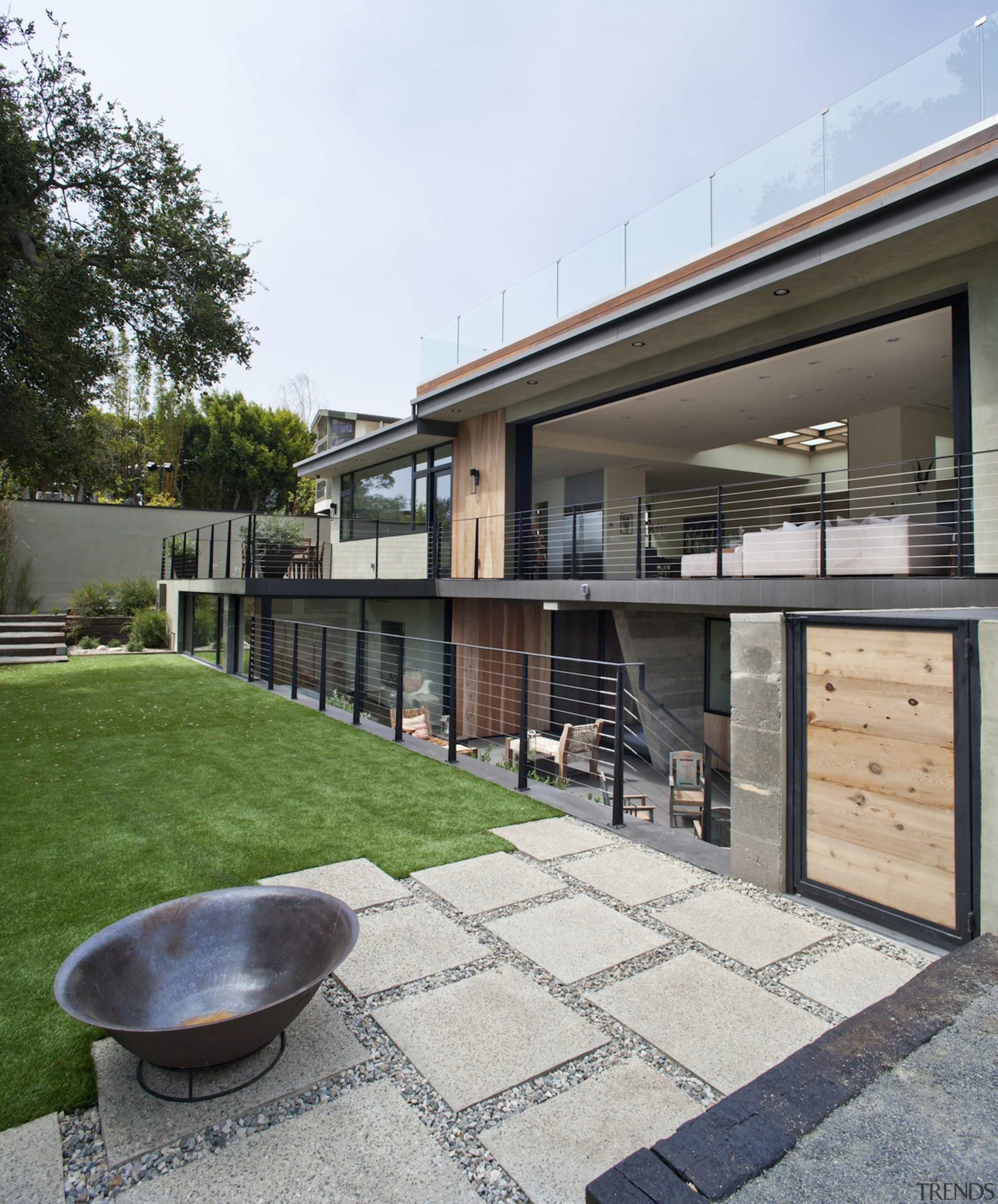 A simple path connects the lawn to the architecture, backyard, courtyard, facade, home, house, patio, property, real estate, residential area, gray