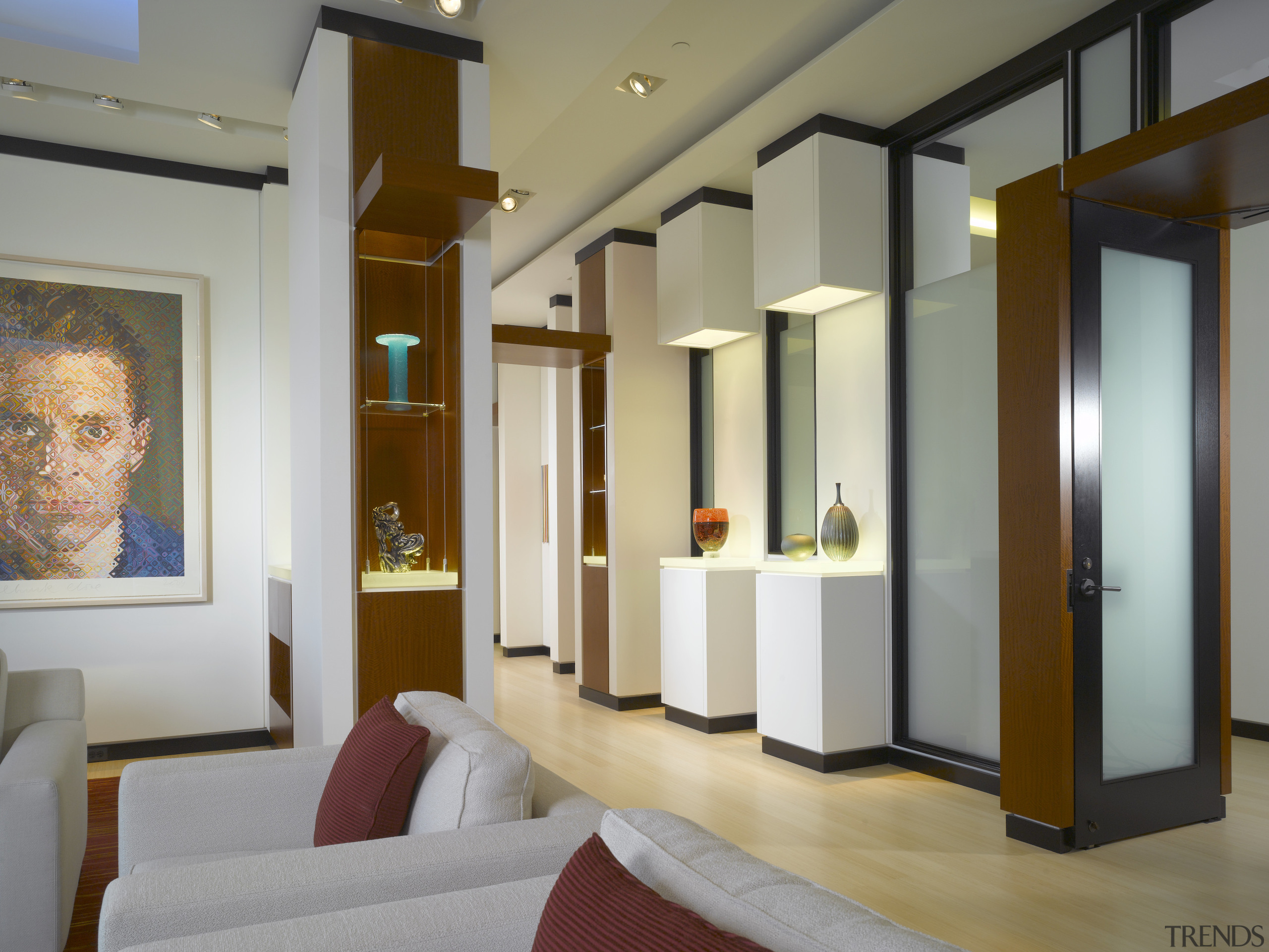 view of living area and front entrance featuring ceiling, interior design, lobby, room, gray