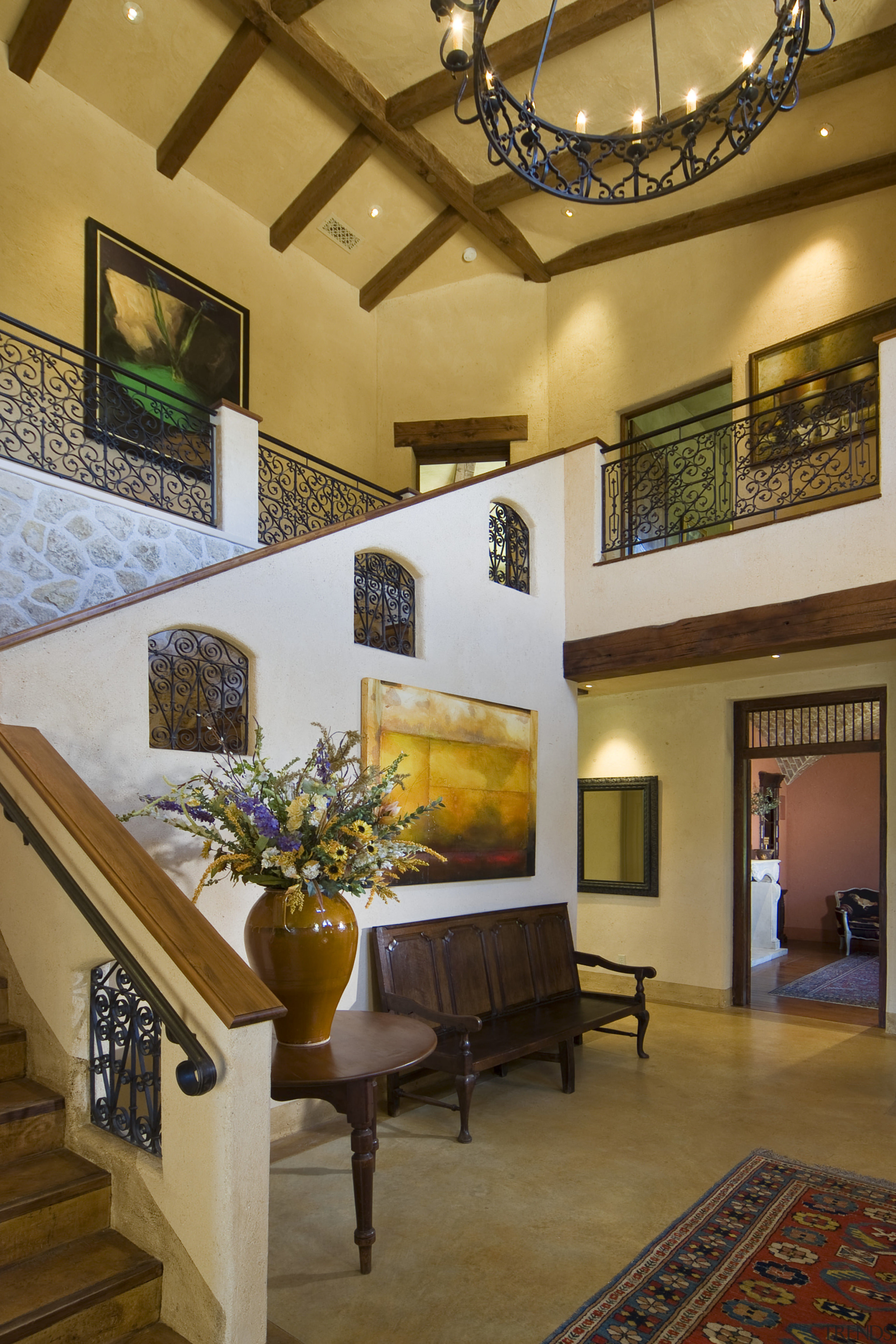 Interior view of the stairway features unique hand ceiling, estate, home, interior design, living room, lobby, real estate, room, wall, brown