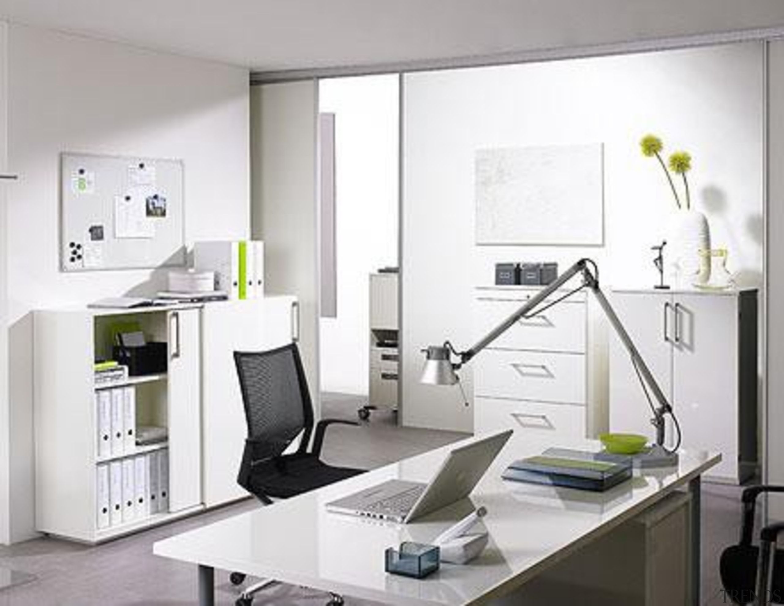 Sliding-door cabinets - a must in modern offices. desk, furniture, interior design, office, product design, gray, white