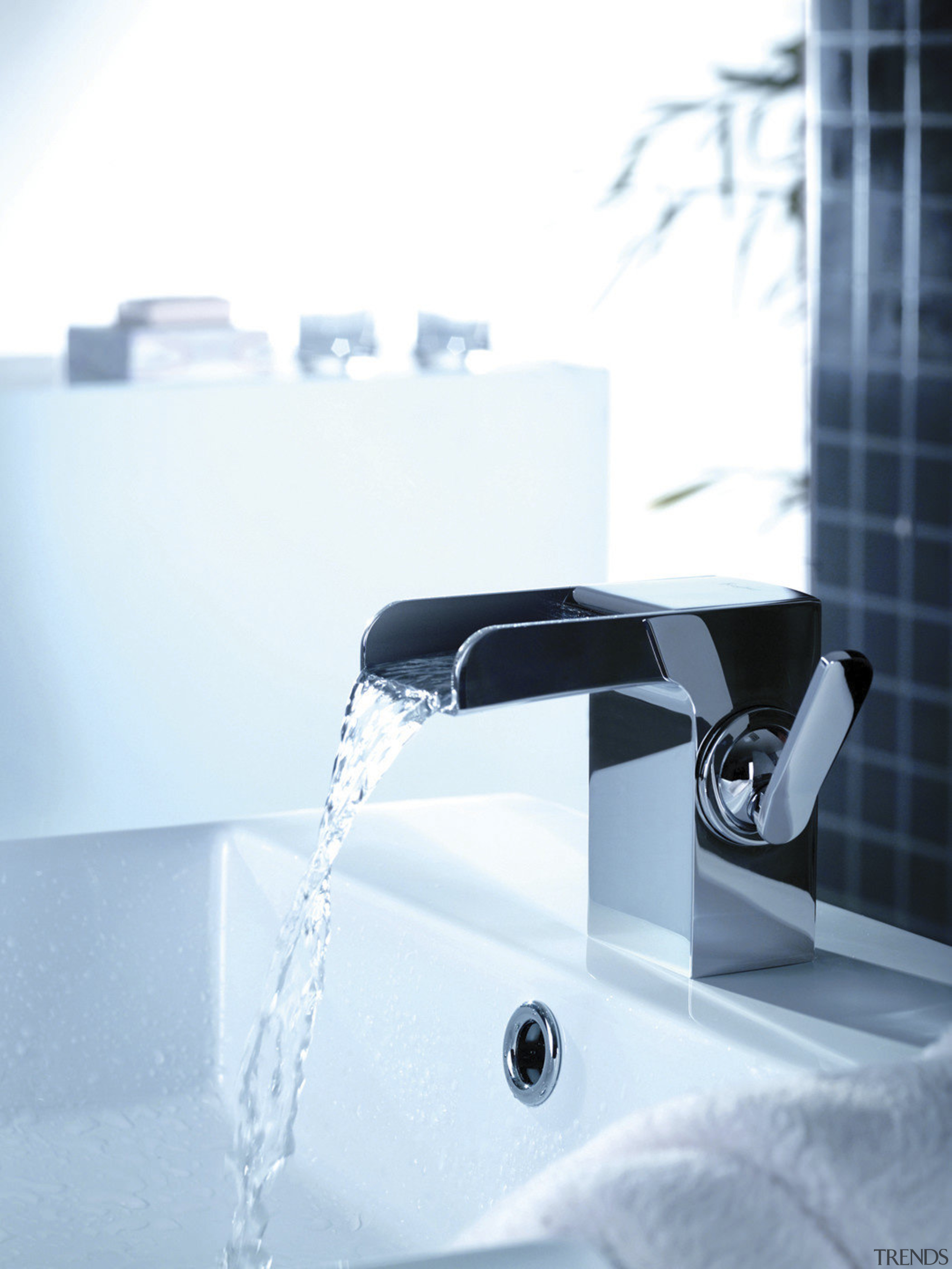 View of water flowing from faucet. - View plumbing fixture, product, product design, tap, water, white