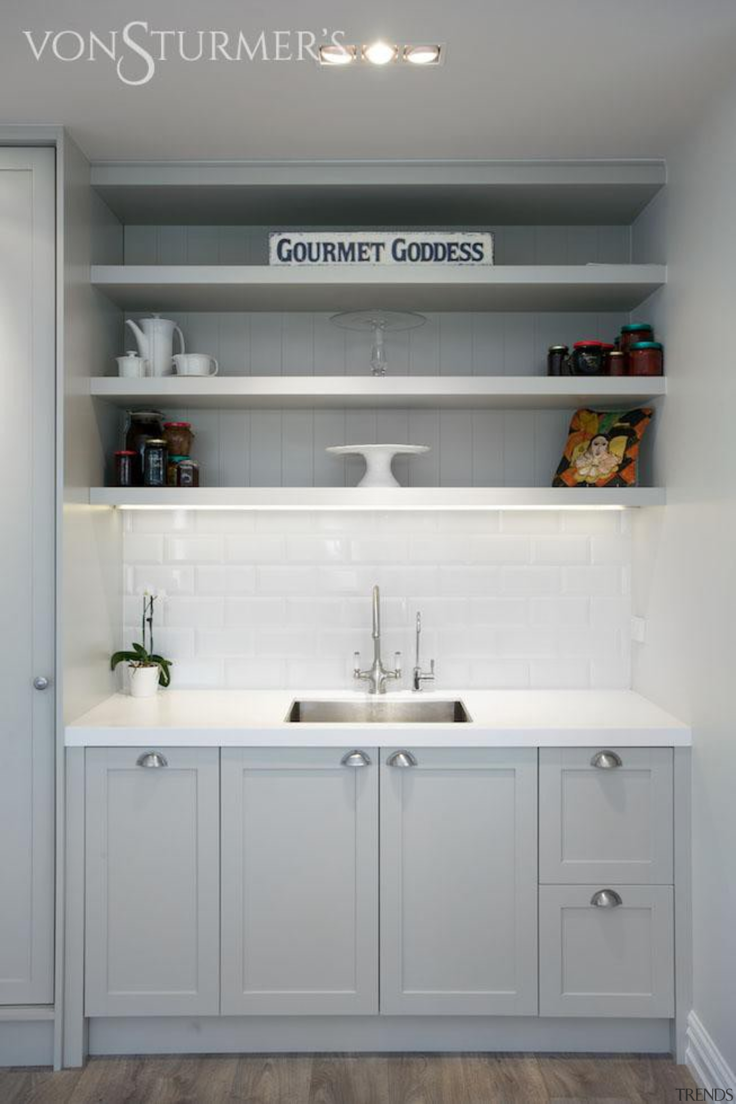 Devonport - bathroom accessory | bathroom cabinet | bathroom accessory, bathroom cabinet, cabinetry, countertop, furniture, interior design, kitchen, room, shelf, shelving, sink, wall, gray