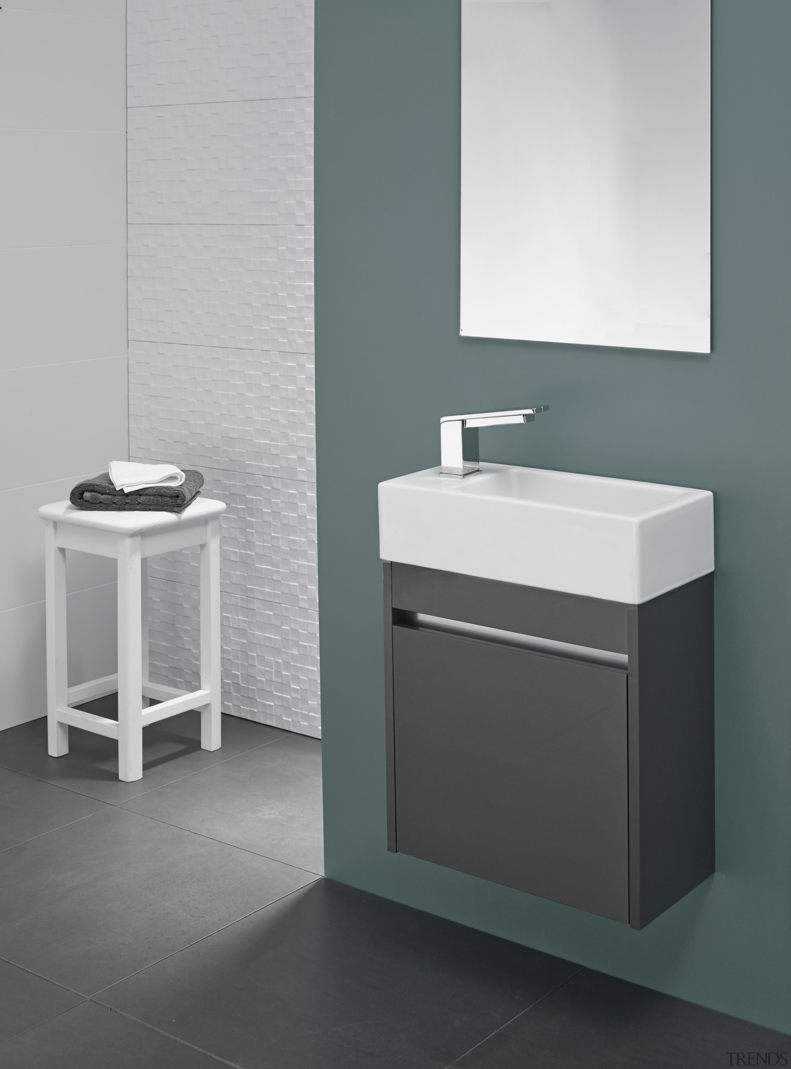 Chunky modern hand basin and cabinet for small angle, bathroom, bathroom accessory, bathroom cabinet, bathroom sink, ceramic, drawer, floor, plumbing fixture, product, product design, sink, tap, gray