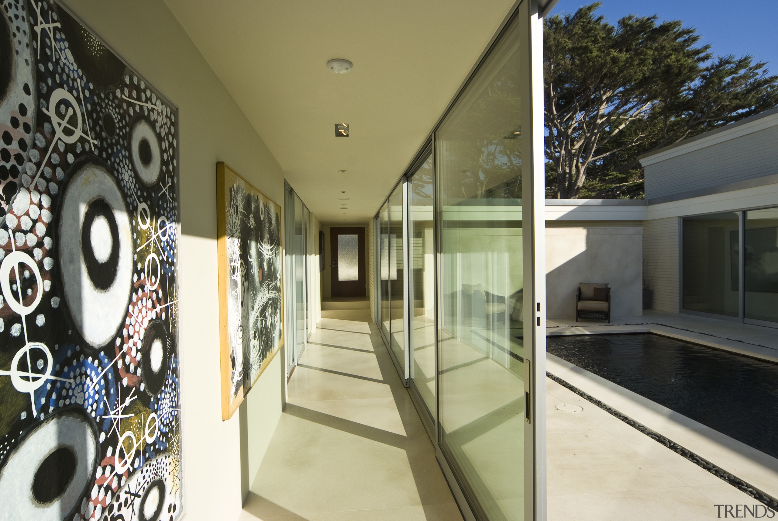 View of the oceanfront Butterfly House in Carmel architecture, ceiling, estate, home, house, interior design, property, real estate, window, black, brown