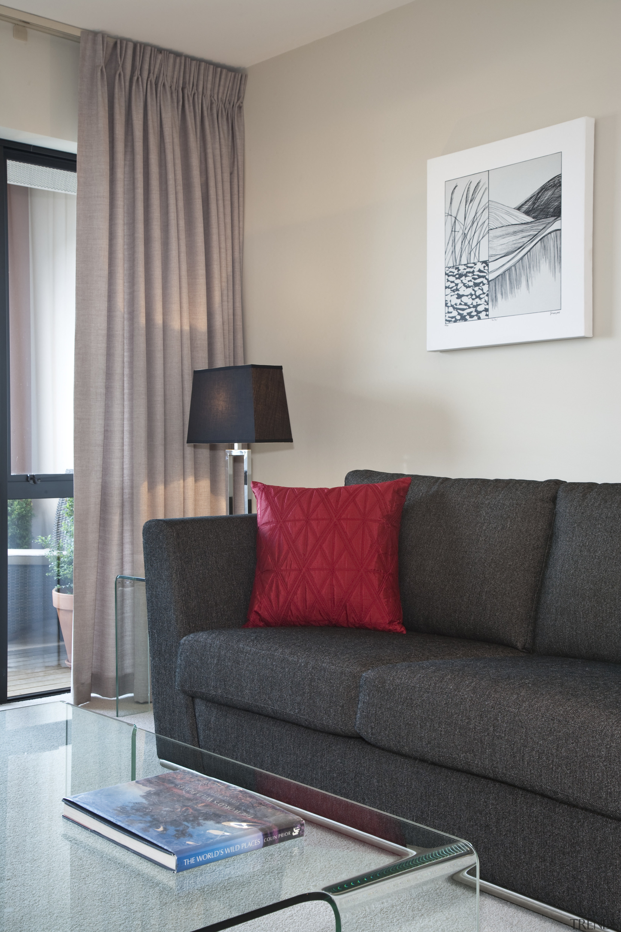 View of the Takapuna Metlifecare. - View of couch, furniture, home, interior design, living room, room, suite, table, wall, window, window covering, window treatment, gray