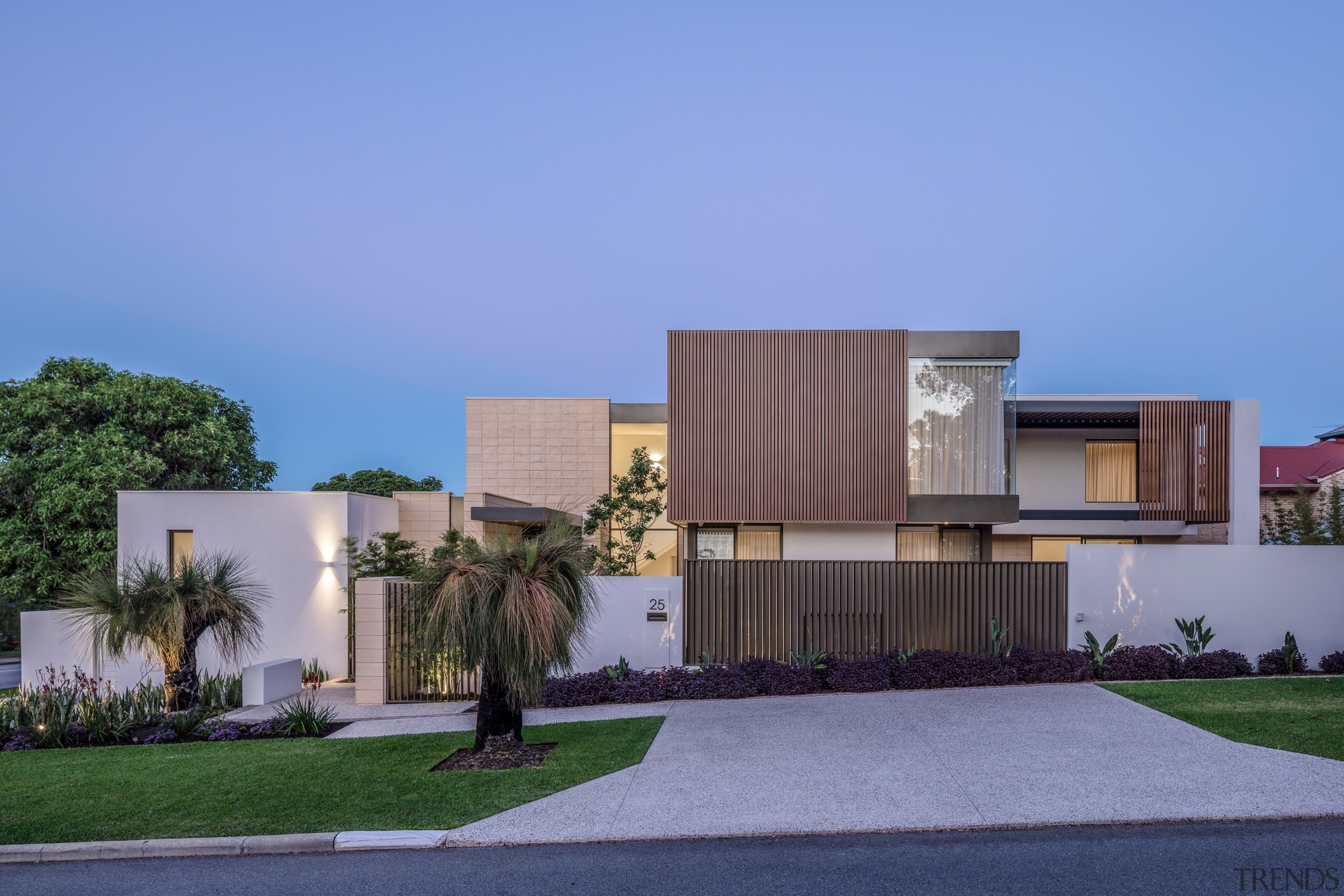 ​​​​​​​Wood-look battens, textured masonry blocks and angled slat architecture, building, design, estate, facade, home, house, interior design, neighbourhood, property, real estate, residential area, roof, room, villa, teal